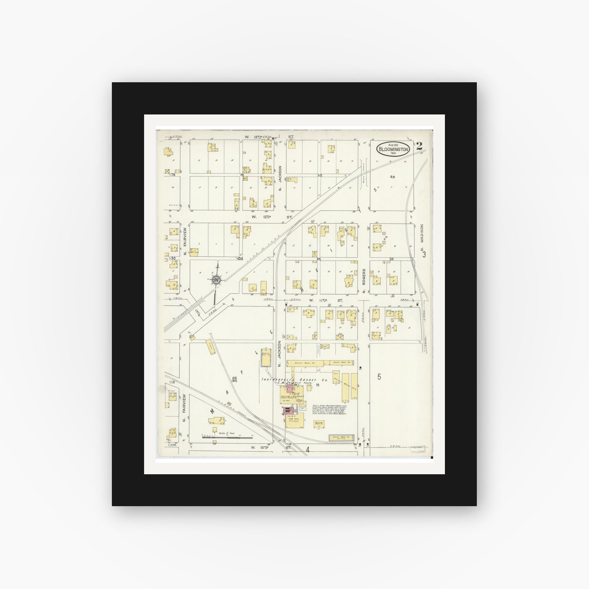Old map wall art mockup — black gallery frame with white mat — Sanborn Fire Insurance Map from Bloomington, Monroe County, Indiana (1913), Sheet #0002