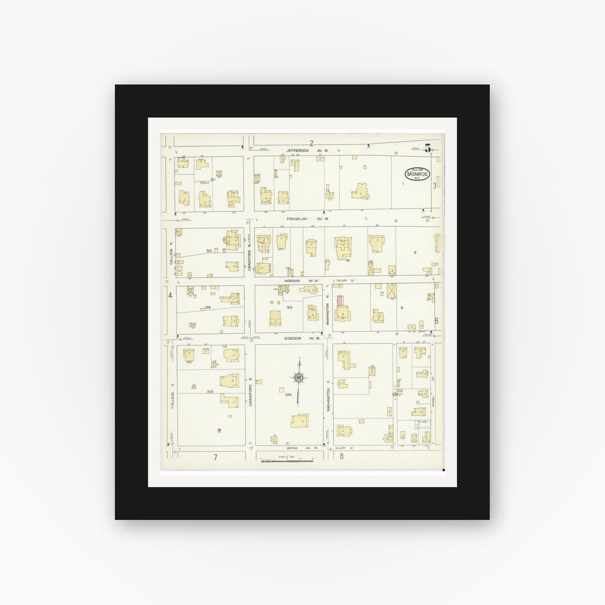 Old map wall art mockup — black gallery frame with white mat — Sanborn Fire Insurance Map from Monroe, Union County, North Carolina (1914), Sheet #0005