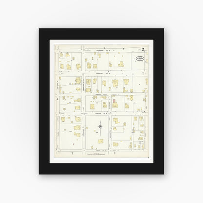 Old map wall art mockup — black gallery frame with white mat — Sanborn Fire Insurance Map from Monroe, Union County, North Carolina (1914), Sheet #0005
