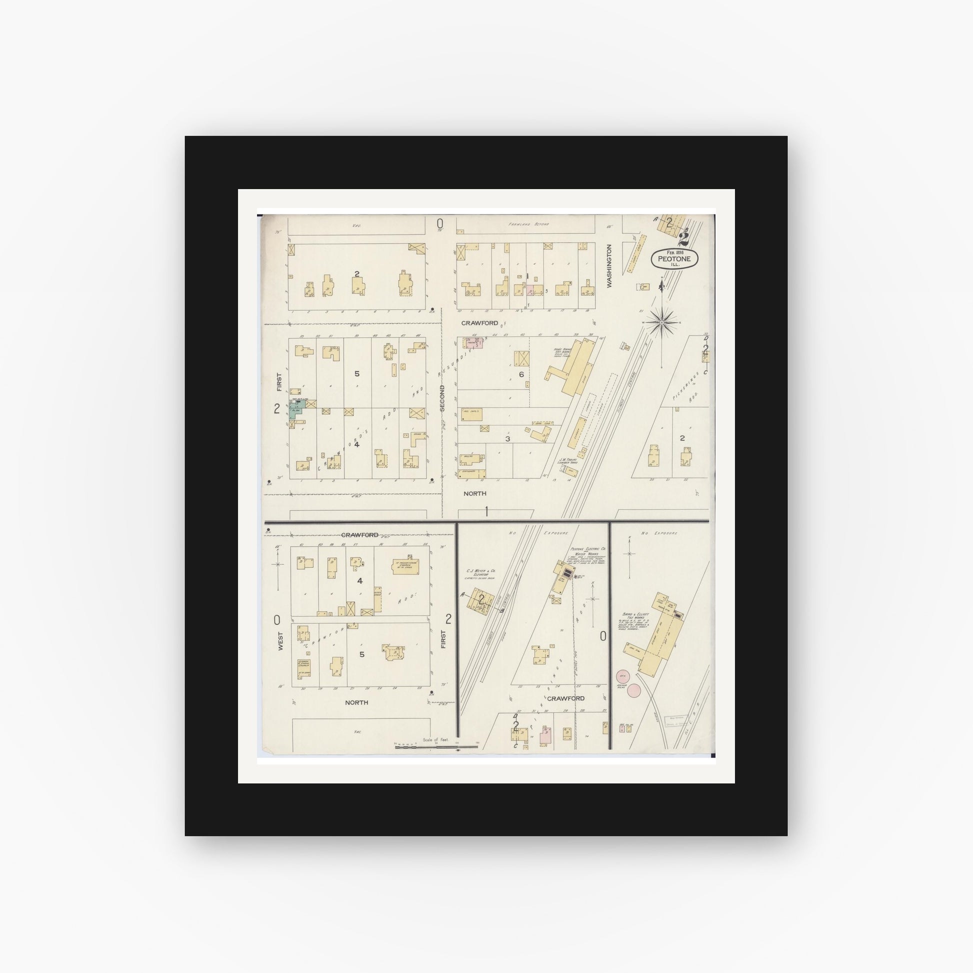 Old map wall art mockup — black gallery frame with white mat — Sanborn Fire Insurance Map from Peotone, Will County, Illinois (1898), Sheet #0002