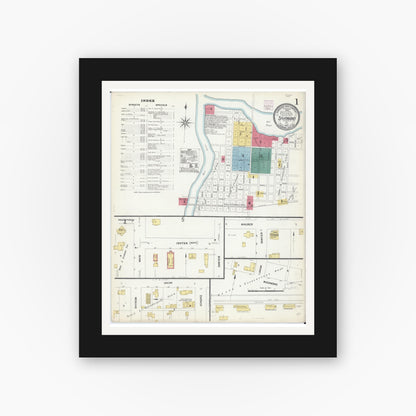 Old map wall art mockup — black gallery frame with white mat — Sanborn Fire Insurance Map from Shawano, Shawano County, Wisconsin (1907), Sheet #0001