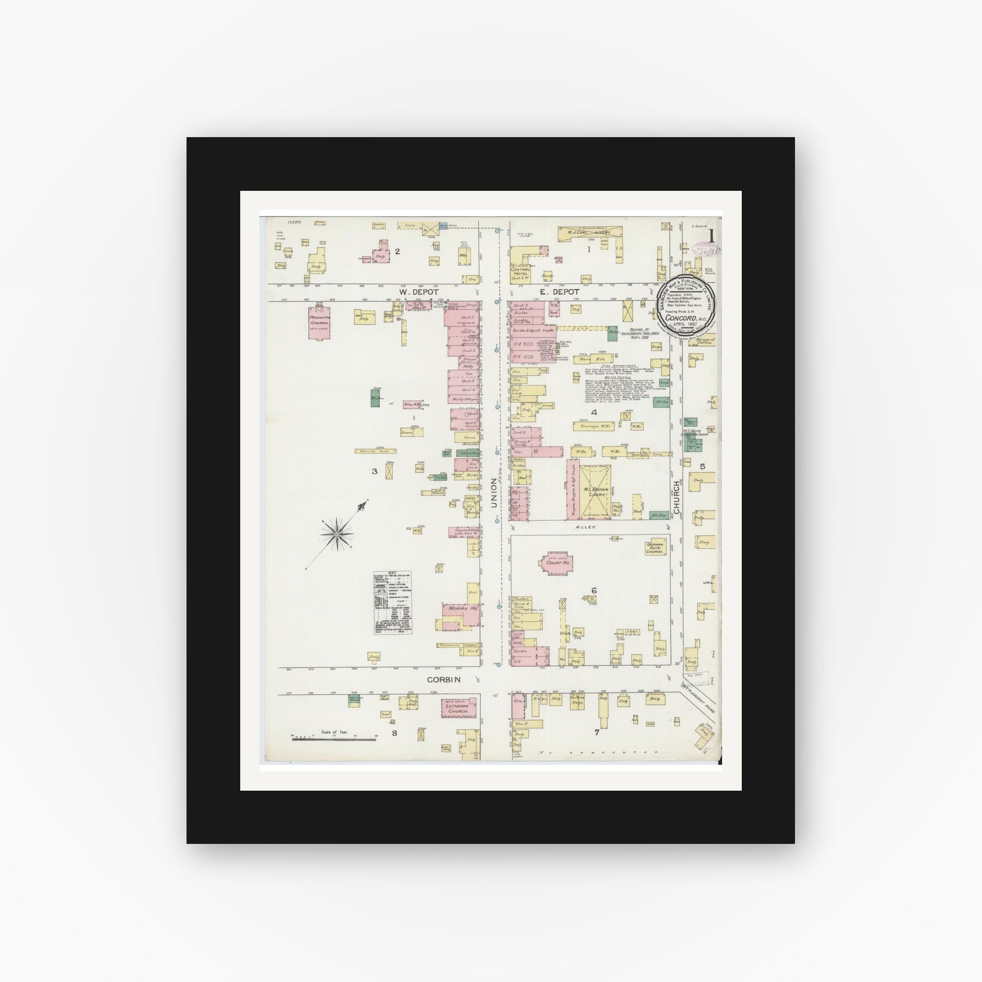 Old map wall art mockup — black gallery frame with white mat — Sanborn Fire Insurance Map from Concord, Cabarrus County, North Carolina (1887) - Complete Map Set