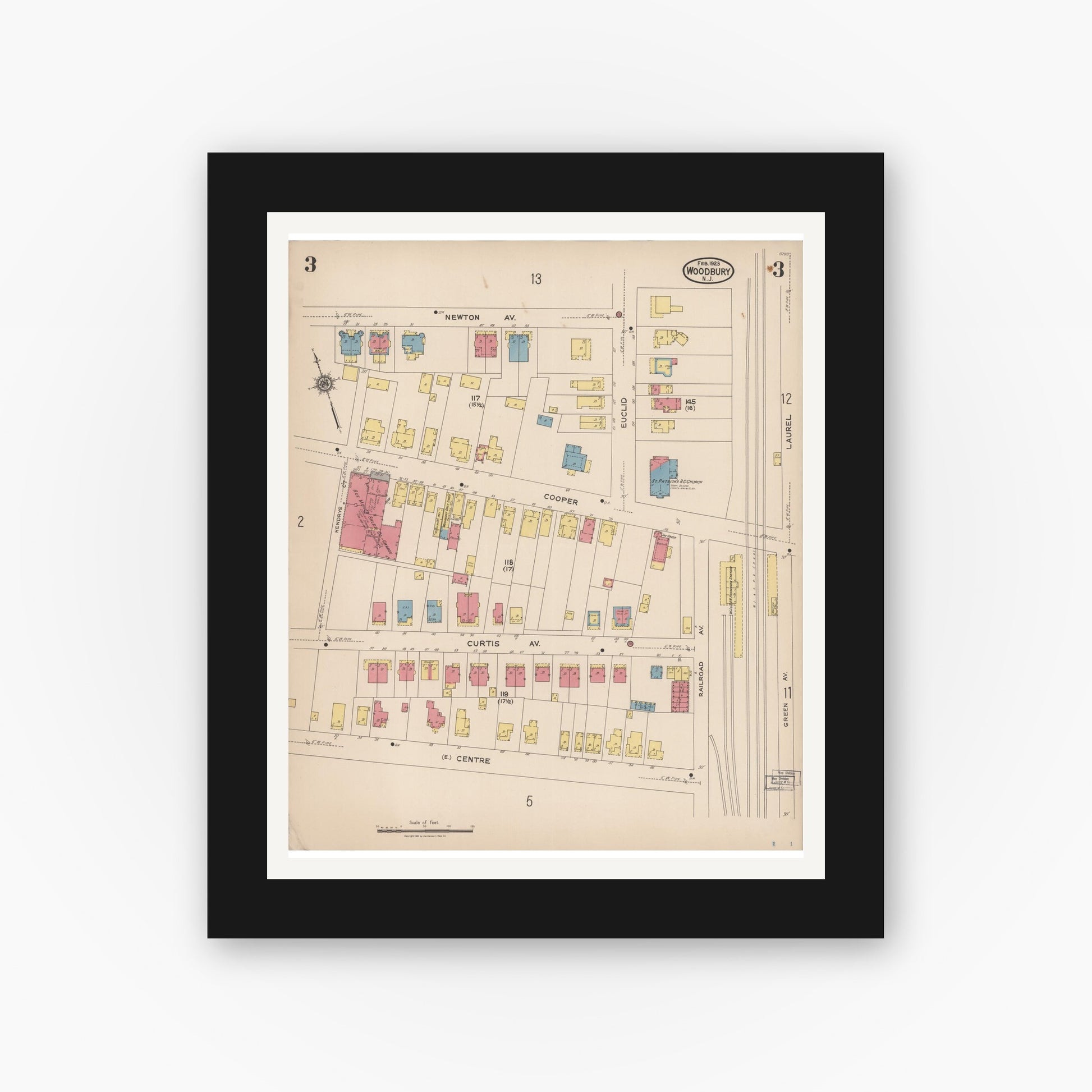 Old map wall art mockup — black gallery frame with white mat — Sanborn Fire Insurance Map from Woodbury, Gloucester County, New Jersey (1923), Sheet #0003
