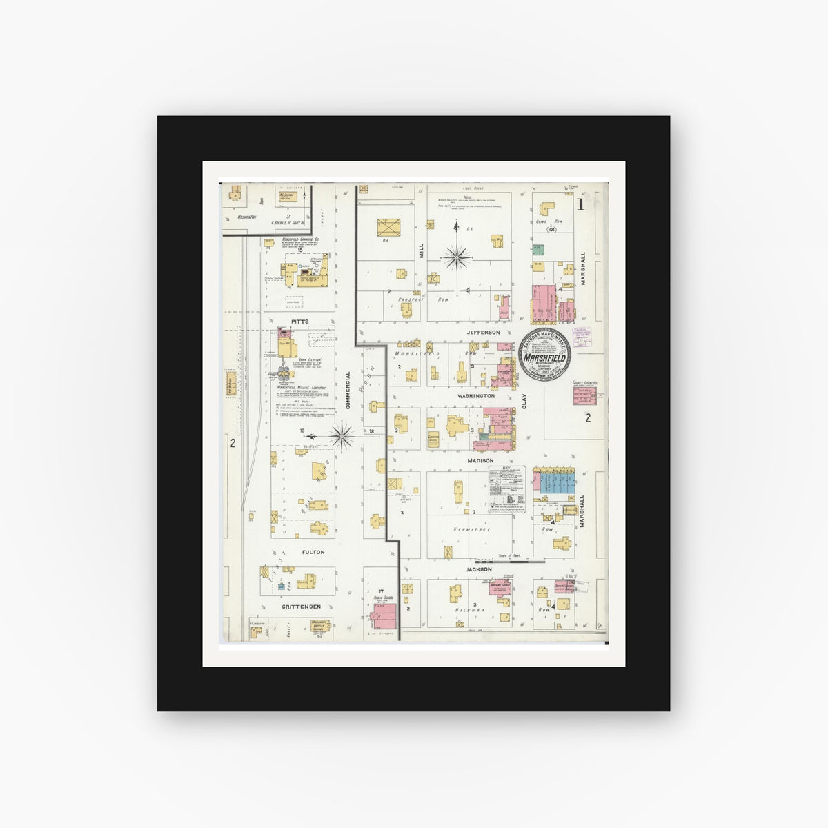 Old map wall art mockup — black gallery frame with white mat — Sanborn Fire Insurance Map from Marshfield, Webster County, Missouri (1905), Sheet #0001