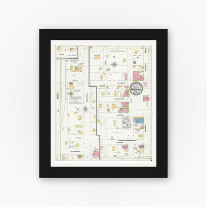 Old map wall art mockup — black gallery frame with white mat — Sanborn Fire Insurance Map from Marshfield, Webster County, Missouri (1905), Sheet #0001