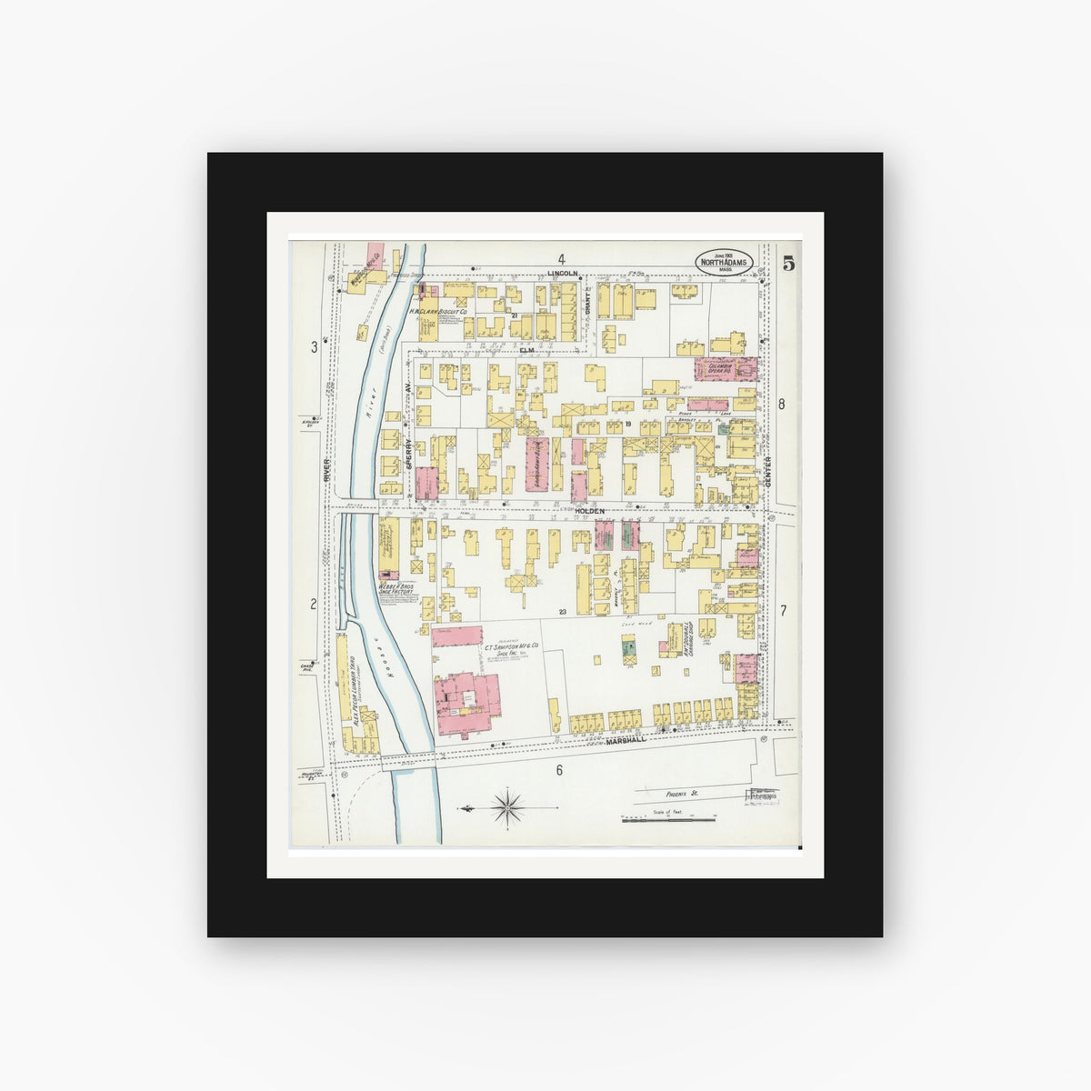 Old map wall art mockup — black gallery frame with white mat — Sanborn Fire Insurance Map from North Adams, Berkshire County, Massachusetts (1901), Sheet #0005