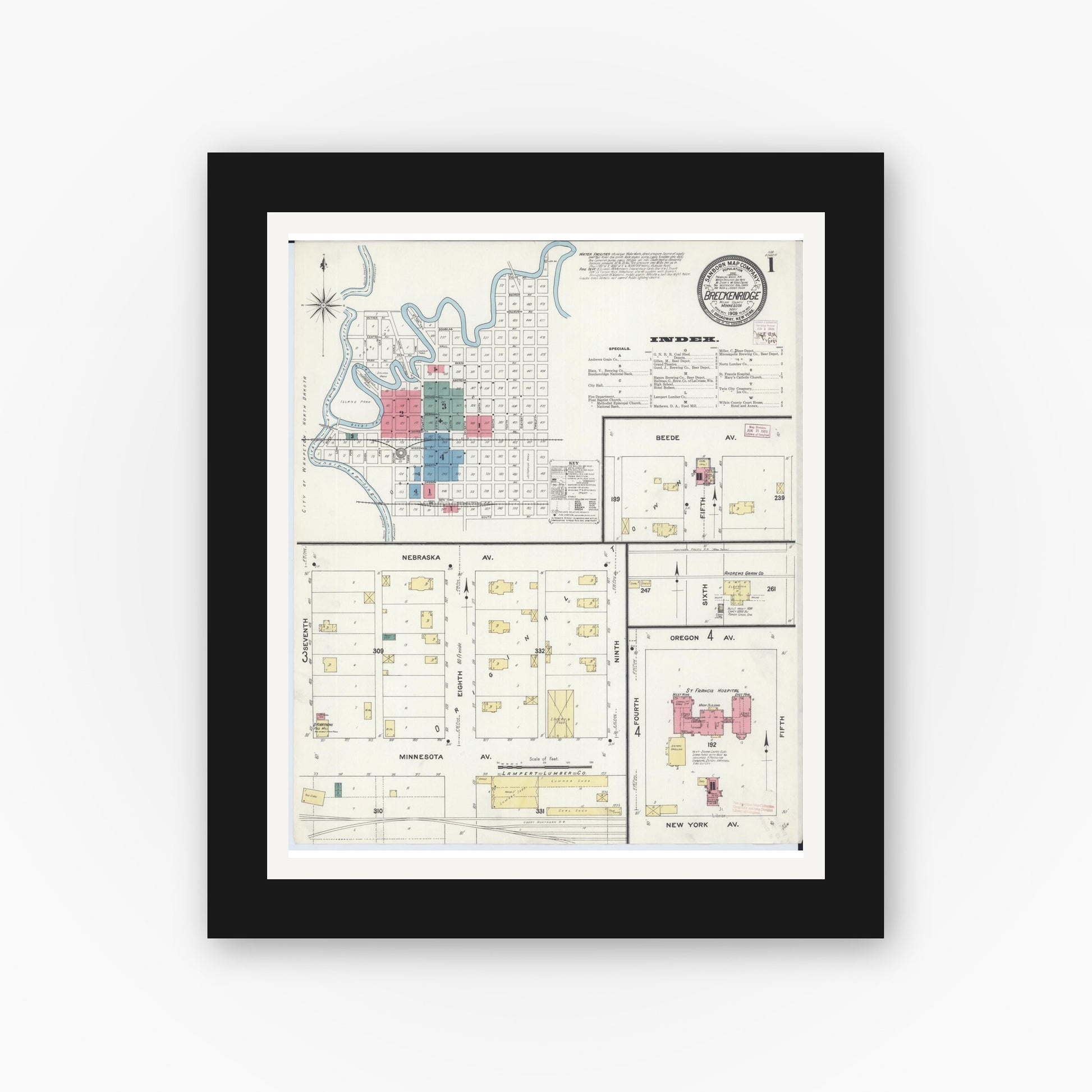 Old map wall art mockup — black gallery frame with white mat — Sanborn Fire Insurance Map from Breckenridge, Wilkin County, Minnesota (1909), Sheet #0001