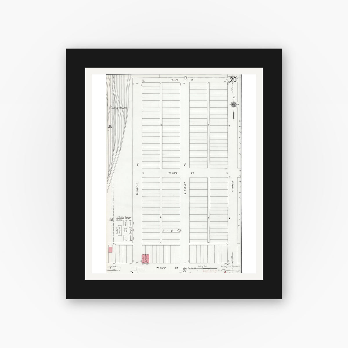Old map wall art mockup — black gallery frame with white mat — Sanborn Fire Insurance Map from Chicago, Cook County, Illinois (1920), Sheet #0020