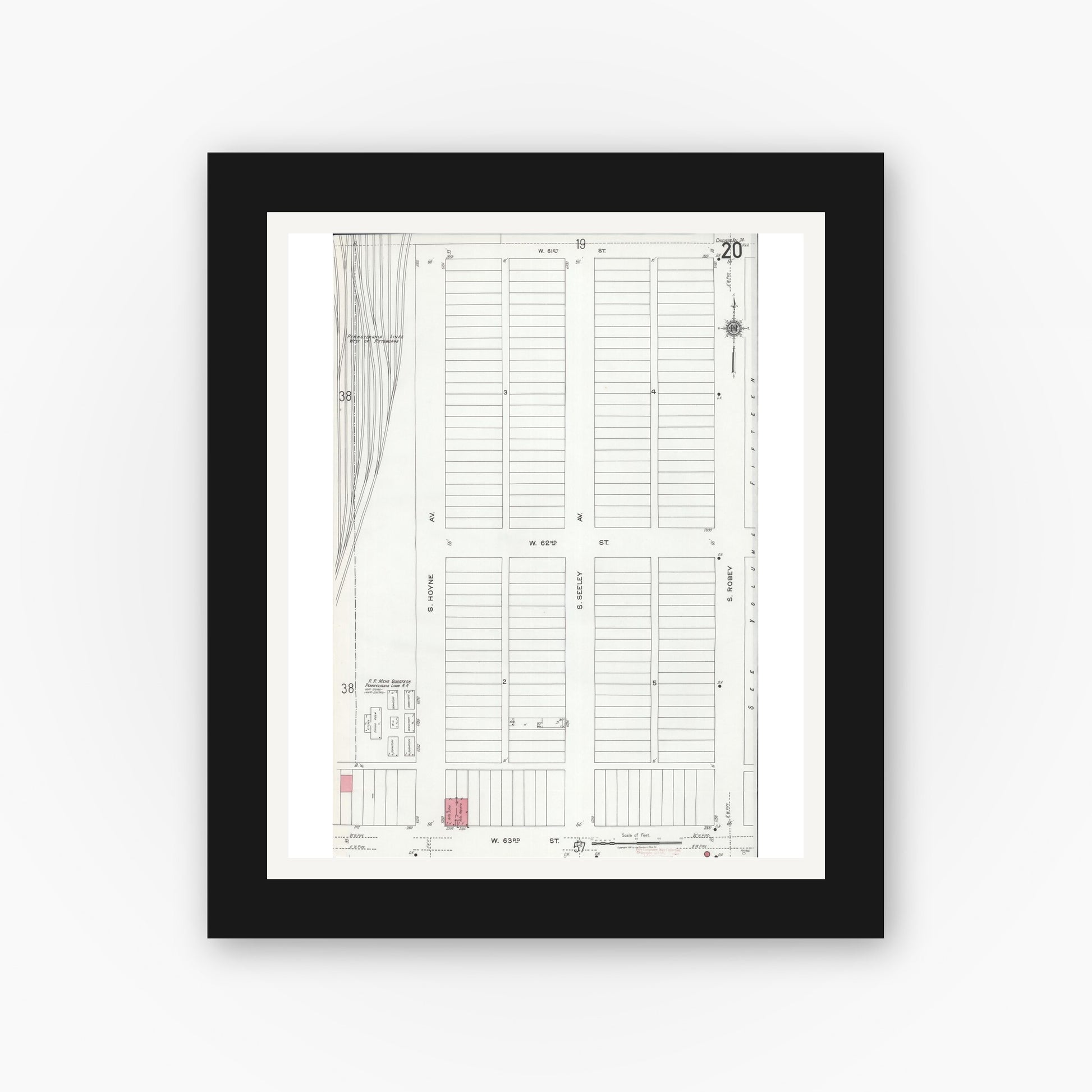 Old map wall art mockup — black gallery frame with white mat — Sanborn Fire Insurance Map from Chicago, Cook County, Illinois (1920), Sheet #0020