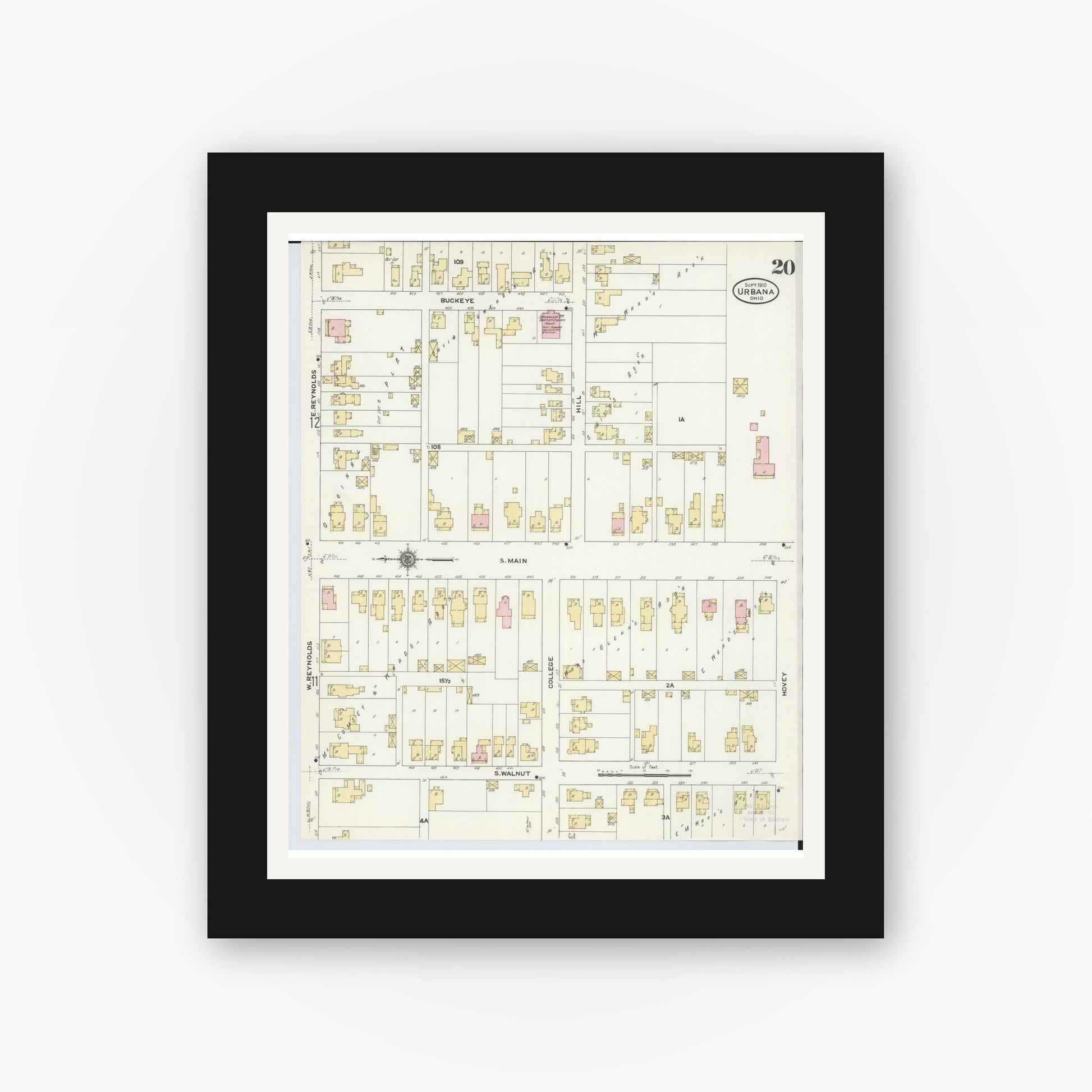 Old map wall art mockup — black gallery frame with white mat — Sanborn Fire Insurance Map from Urbana, Champaign County, Ohio (1910), Sheet #0020