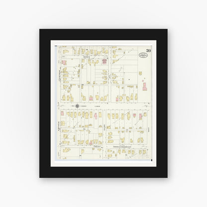 Old map wall art mockup — black gallery frame with white mat — Sanborn Fire Insurance Map from Urbana, Champaign County, Ohio (1910), Sheet #0020