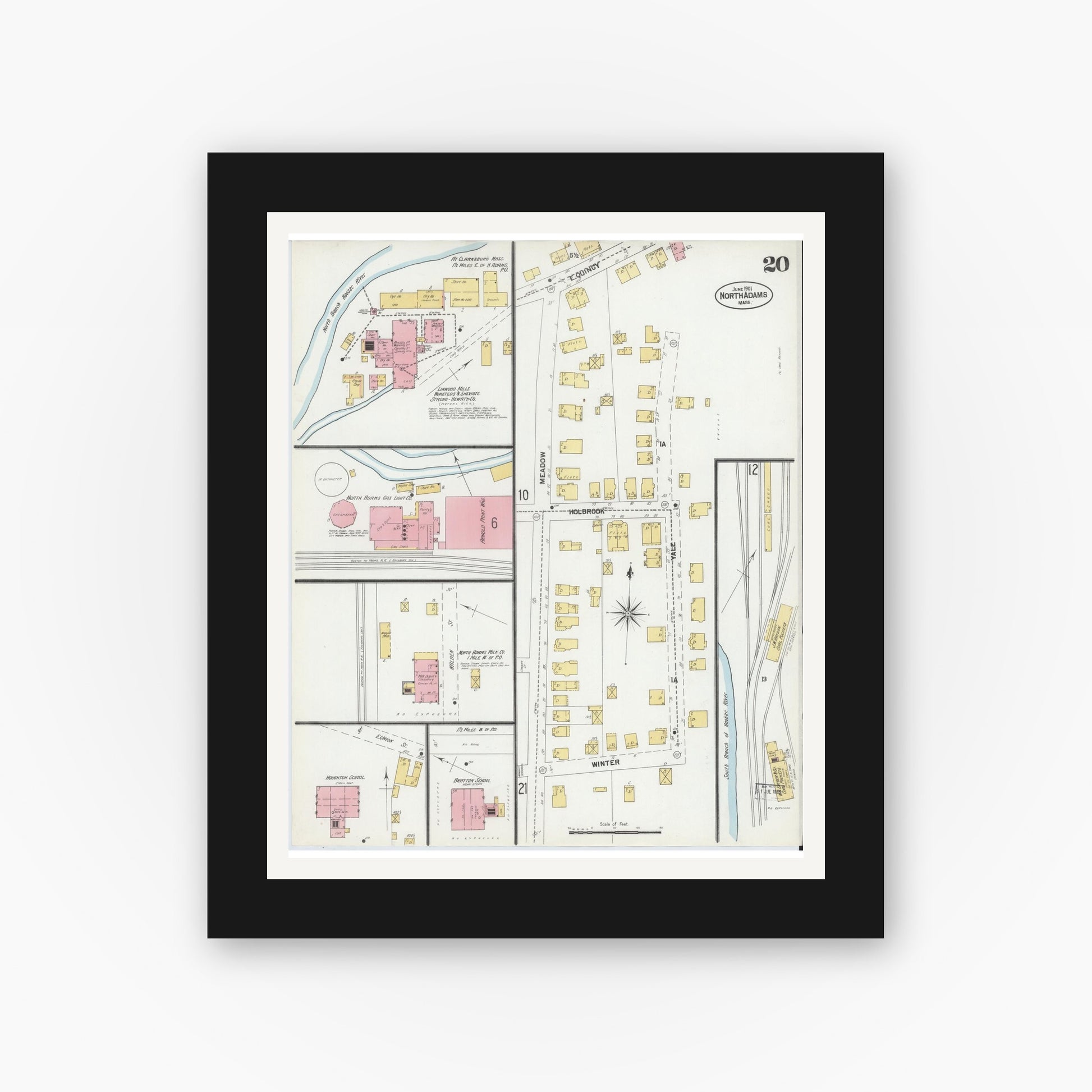 Old map wall art mockup — black gallery frame with white mat — Sanborn Fire Insurance Map from North Adams, Berkshire County, Massachusetts (1901), Sheet #0020
