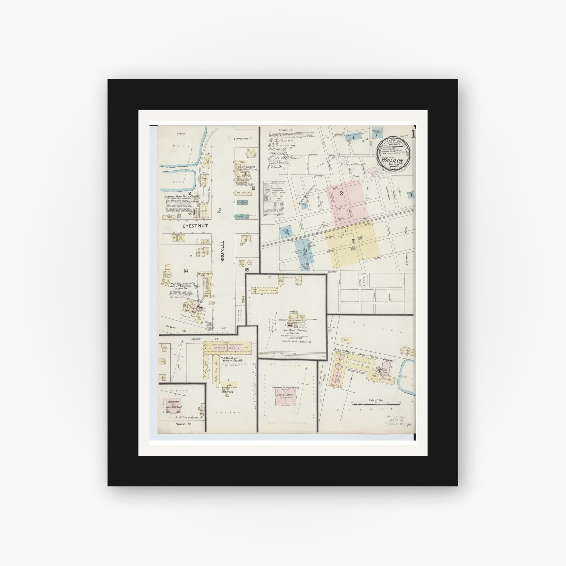 Old map wall art mockup — black gallery frame with white mat — Sanborn Fire Insurance Map from Wauseon, Fulton County, Ohio (1888), Sheet #0001