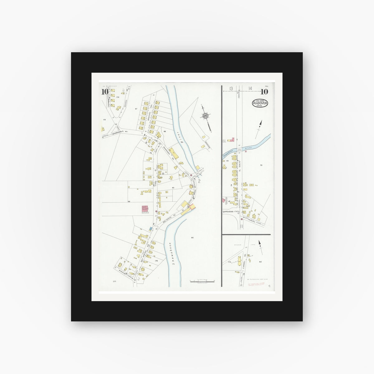 Old map wall art mockup — black gallery frame with white mat — Sanborn Fire Insurance Map from Andover, Essex County, Massachusetts (1930), Sheet #0010
