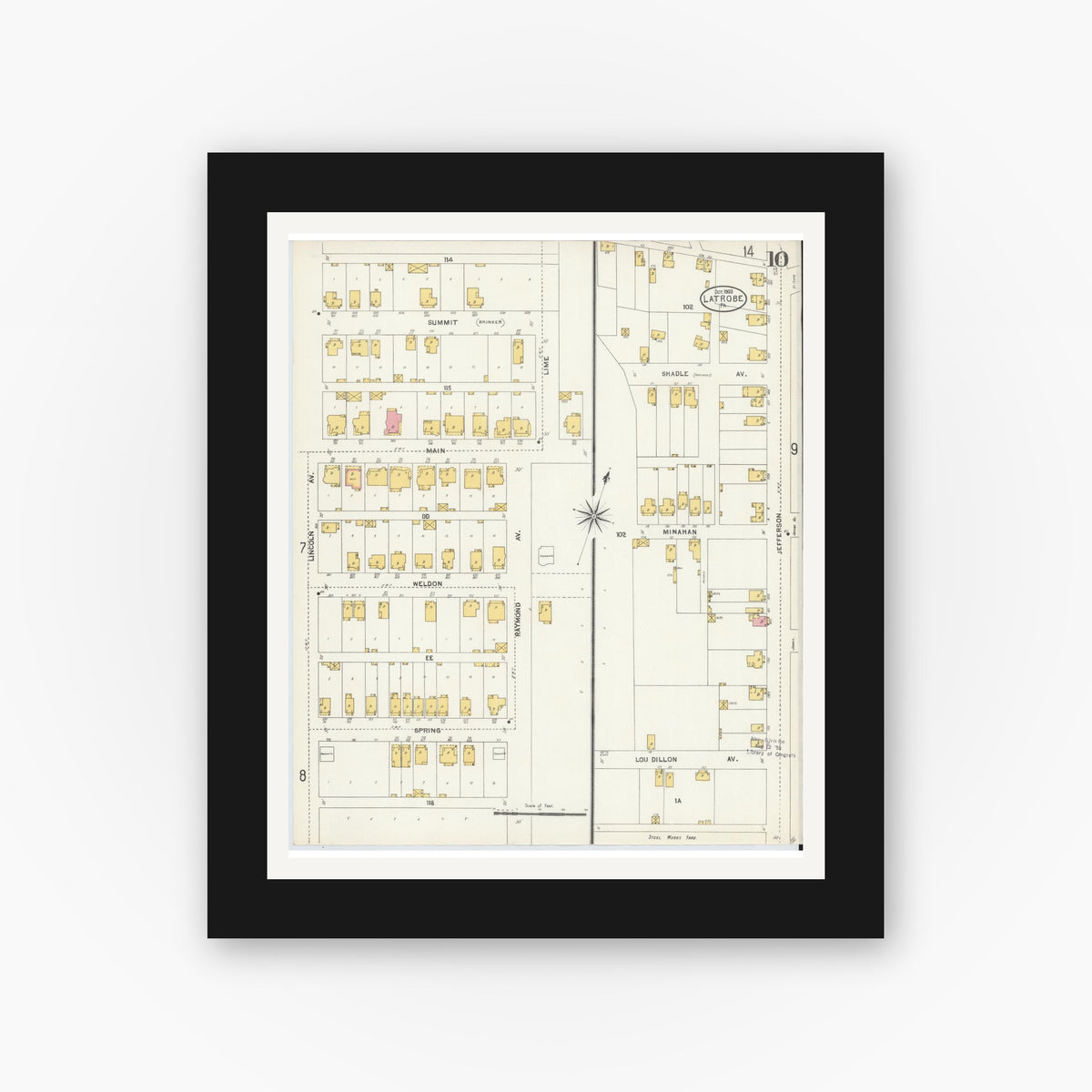 Old map wall art mockup — black gallery frame with white mat — Sanborn Fire Insurance Map from Latrobe, Westmoreland County, Pennsylvania (1903), Sheet #0010