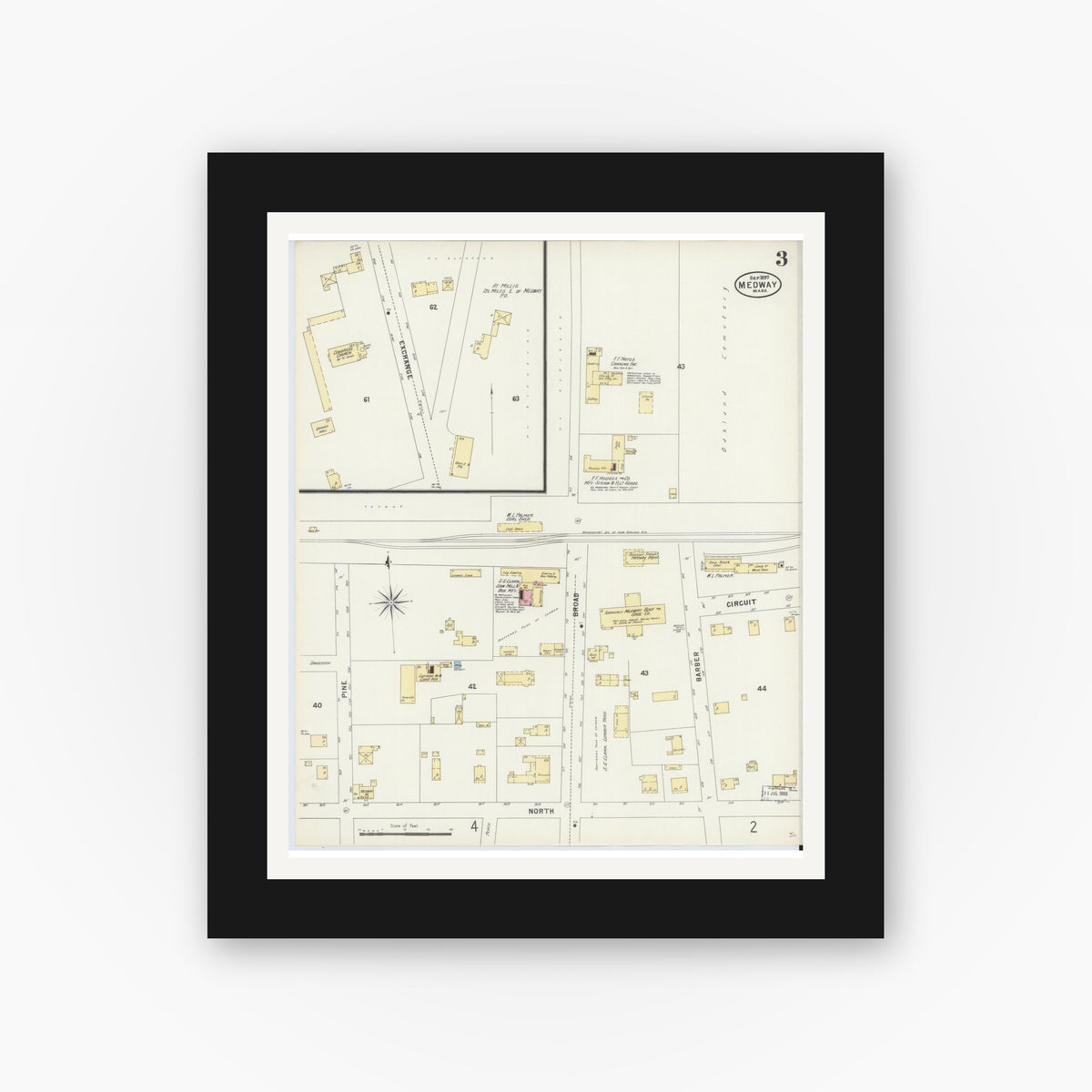 Old map wall art mockup — black gallery frame with white mat — Sanborn Fire Insurance Map from Medway, Norfolk County, Massachusetts (1897), Sheet #0003