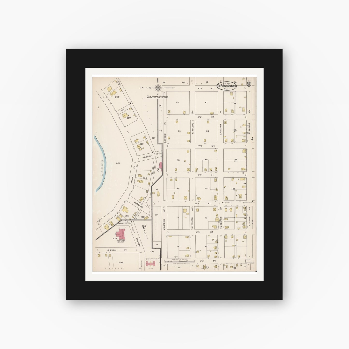 Old map wall art mockup — black gallery frame with white mat — Sanborn Fire Insurance Map from De Funiak Springs, Walton County, Florida (1922), Sheet #0008