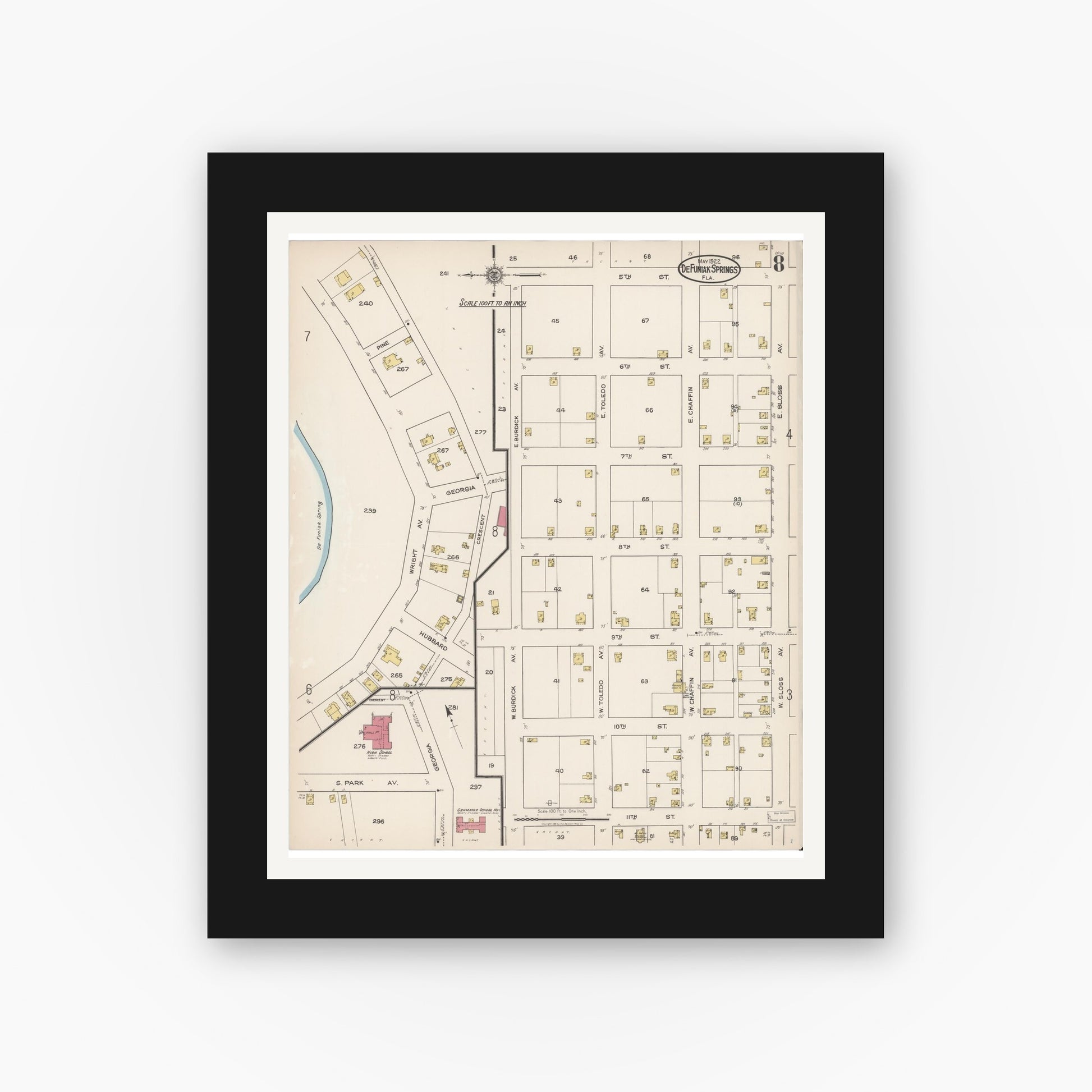 Old map wall art mockup — black gallery frame with white mat — Sanborn Fire Insurance Map from De Funiak Springs, Walton County, Florida (1922), Sheet #0008