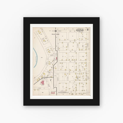 Old map wall art mockup — black gallery frame with white mat — Sanborn Fire Insurance Map from De Funiak Springs, Walton County, Florida (1922), Sheet #0008