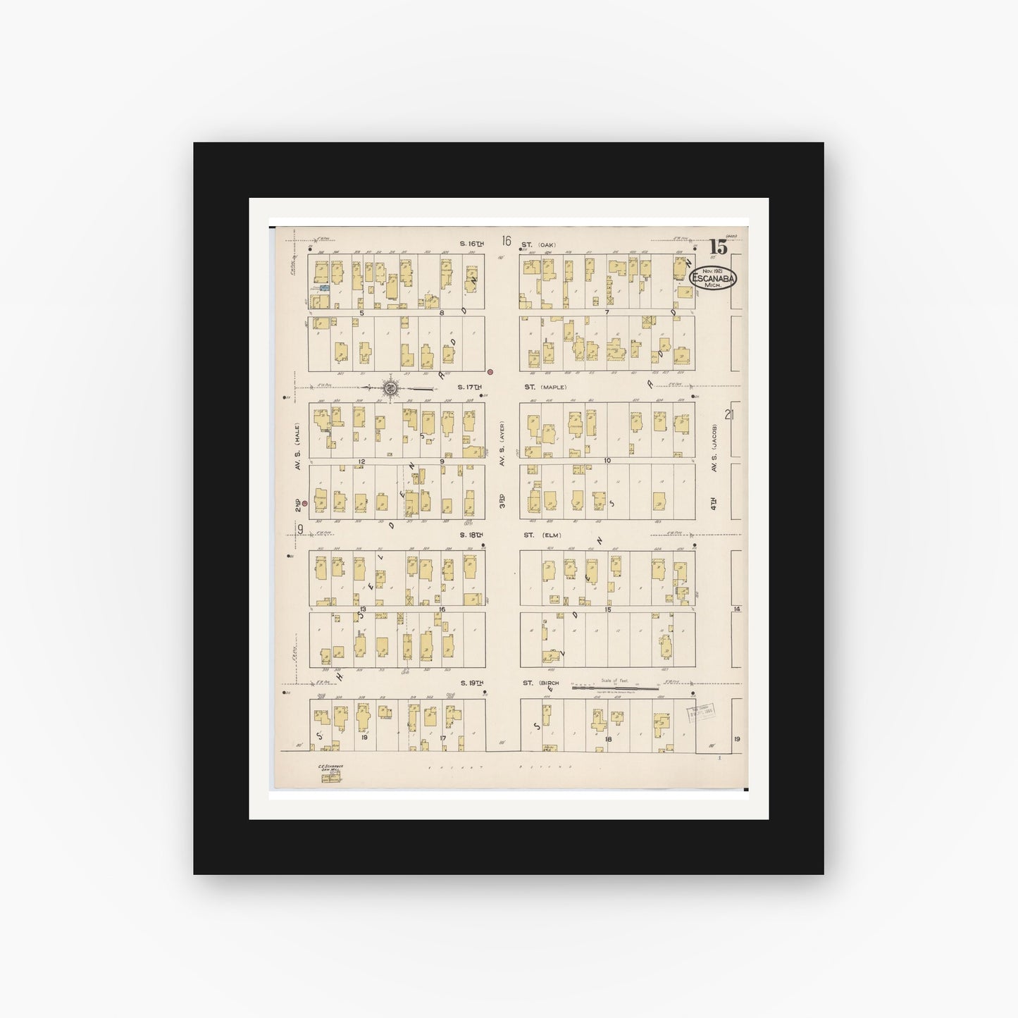Old map wall art mockup — black gallery frame with white mat — Sanborn Fire Insurance Map from Escanaba, Delta County, Michigan (1921), Sheet #0015