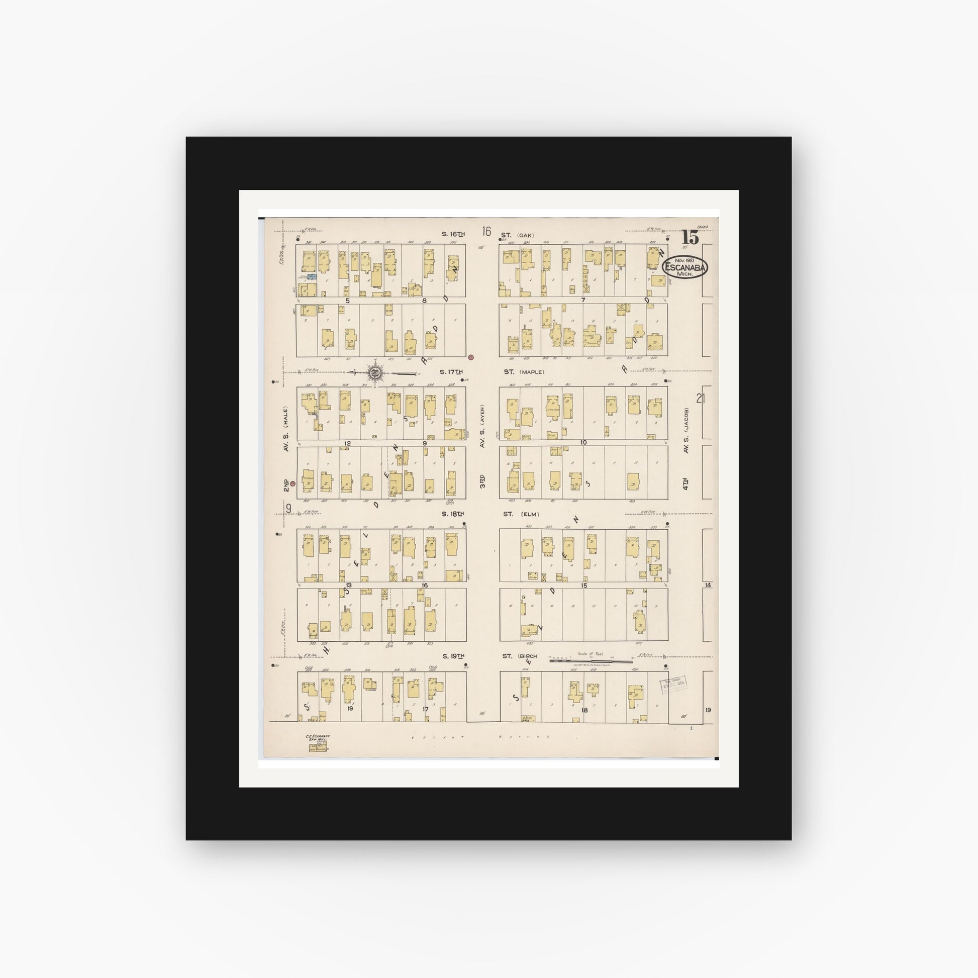Old map wall art mockup — black gallery frame with white mat — Sanborn Fire Insurance Map from Escanaba, Delta County, Michigan (1921), Sheet #0015