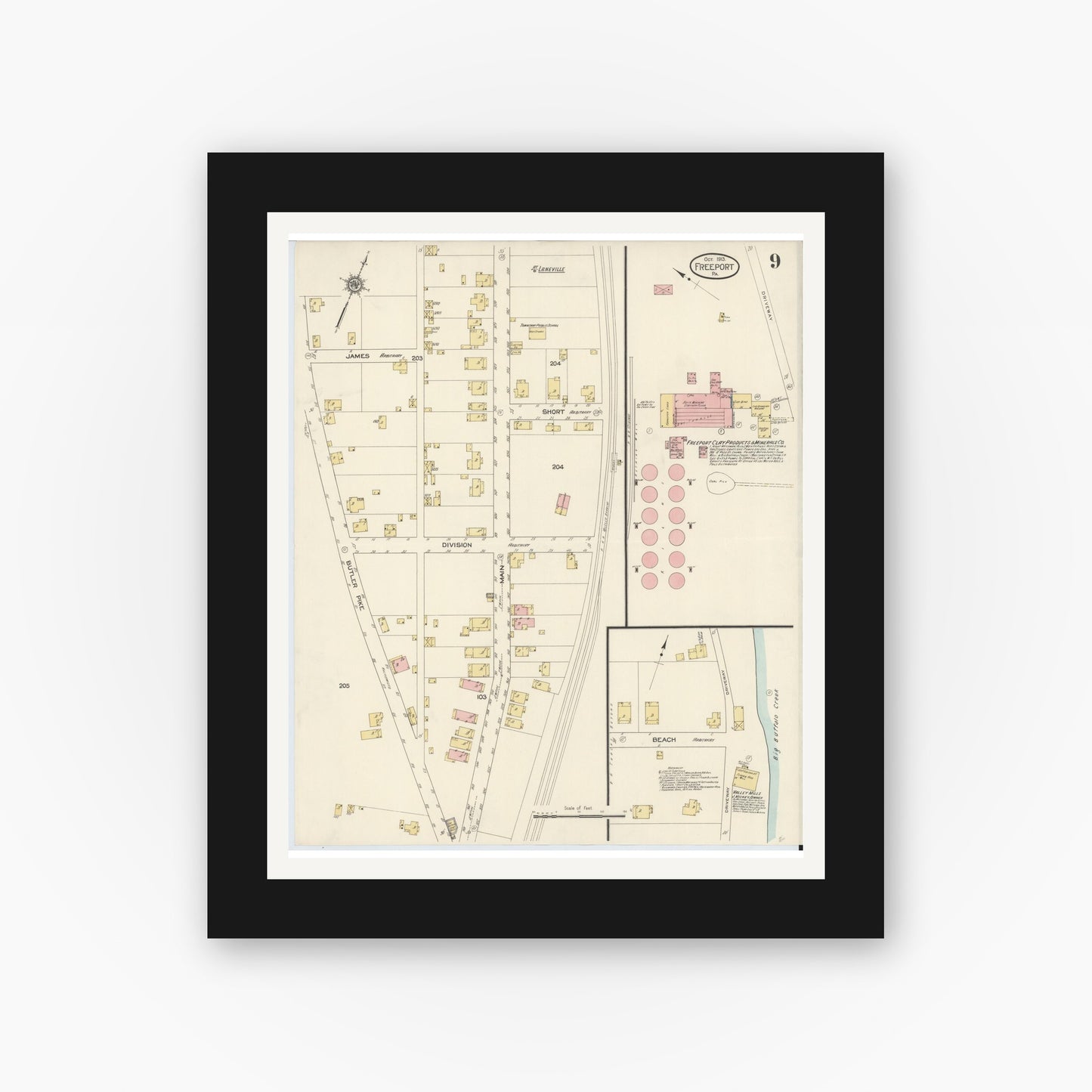 Old map wall art mockup — black gallery frame with white mat — Sanborn Fire Insurance Map from Freeport, Armstrong County, Pennsylvania (1913), Sheet #0009
