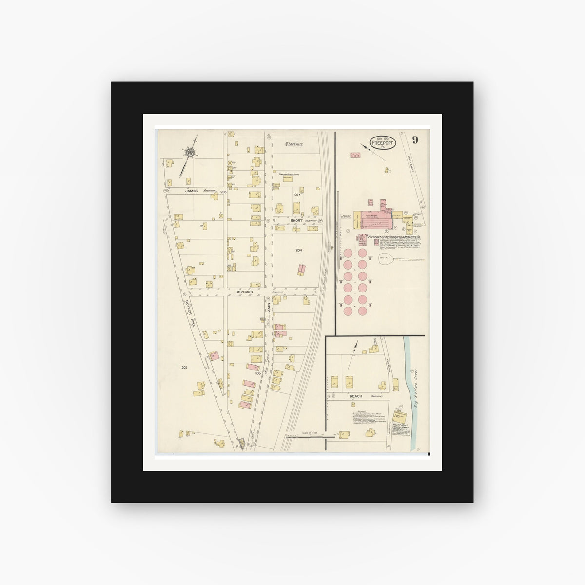 Old map wall art mockup — black gallery frame with white mat — Sanborn Fire Insurance Map from Freeport, Armstrong County, Pennsylvania (1913), Sheet #0009
