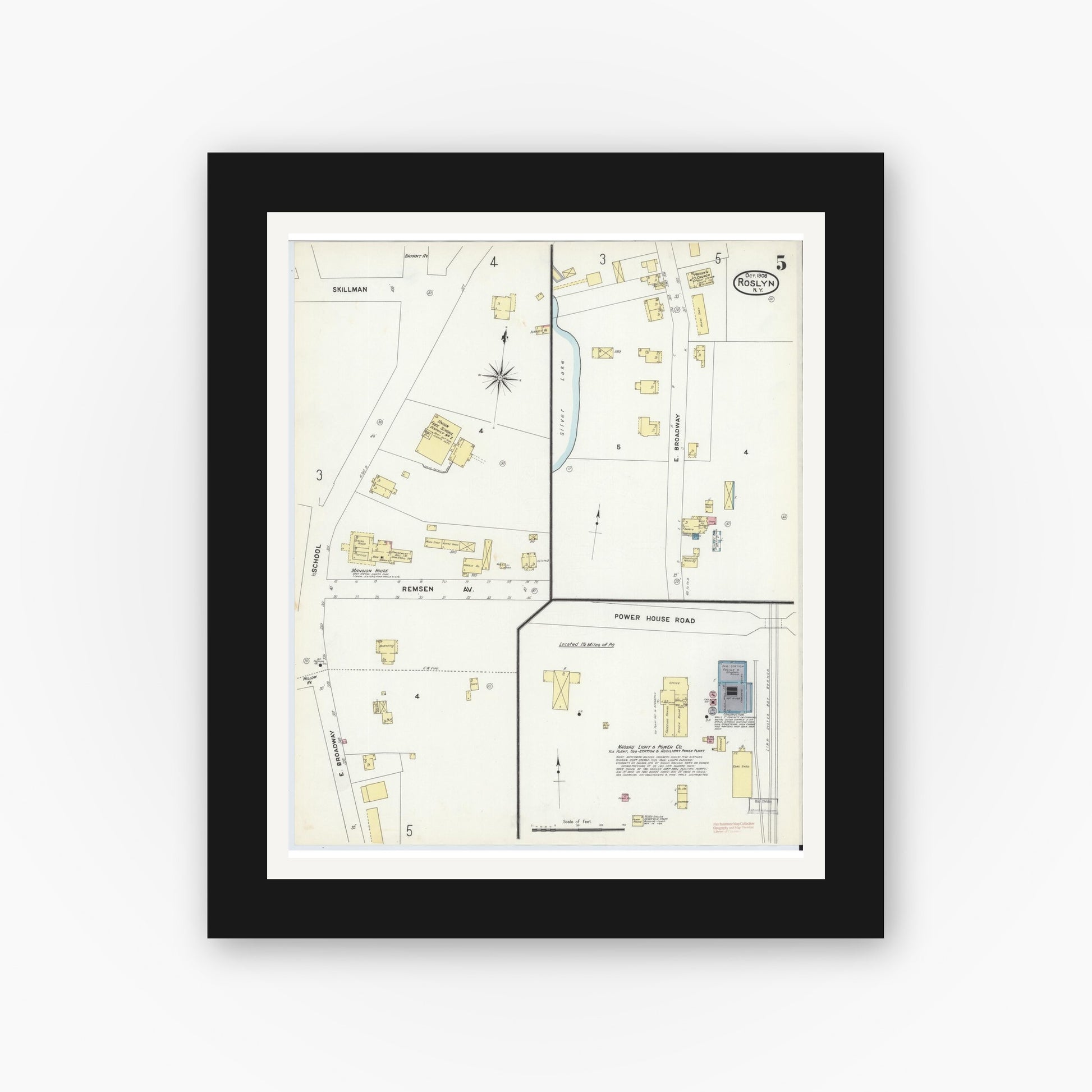 Old map wall art mockup — black gallery frame with white mat — Sanborn Fire Insurance Map from Roslyn, Nassau County, New York (1908), Sheet #0005