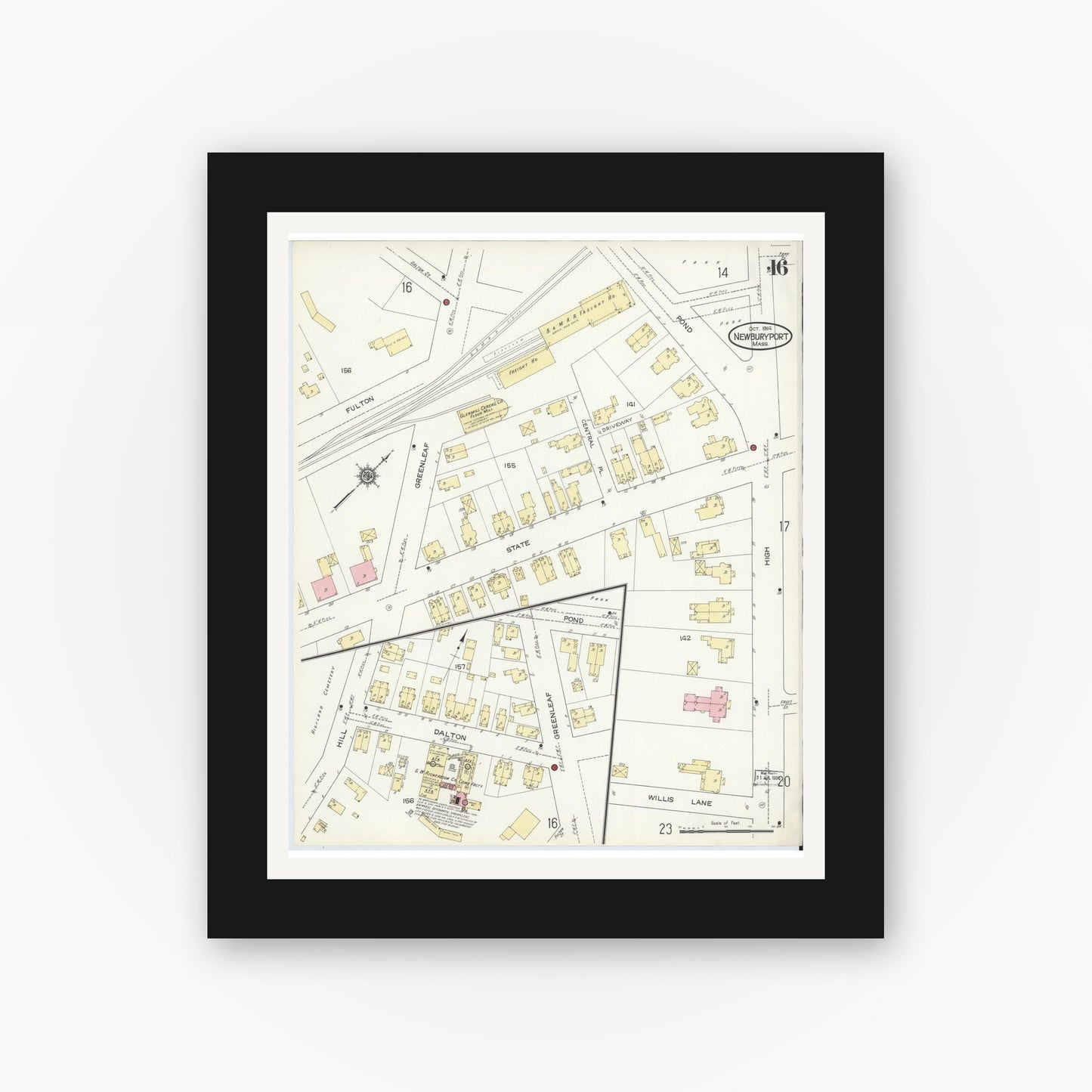 Old map wall art mockup — black gallery frame with white mat — Sanborn Fire Insurance Map from Newburyport, Essex County, Massachusetts (1914), Sheet #0016