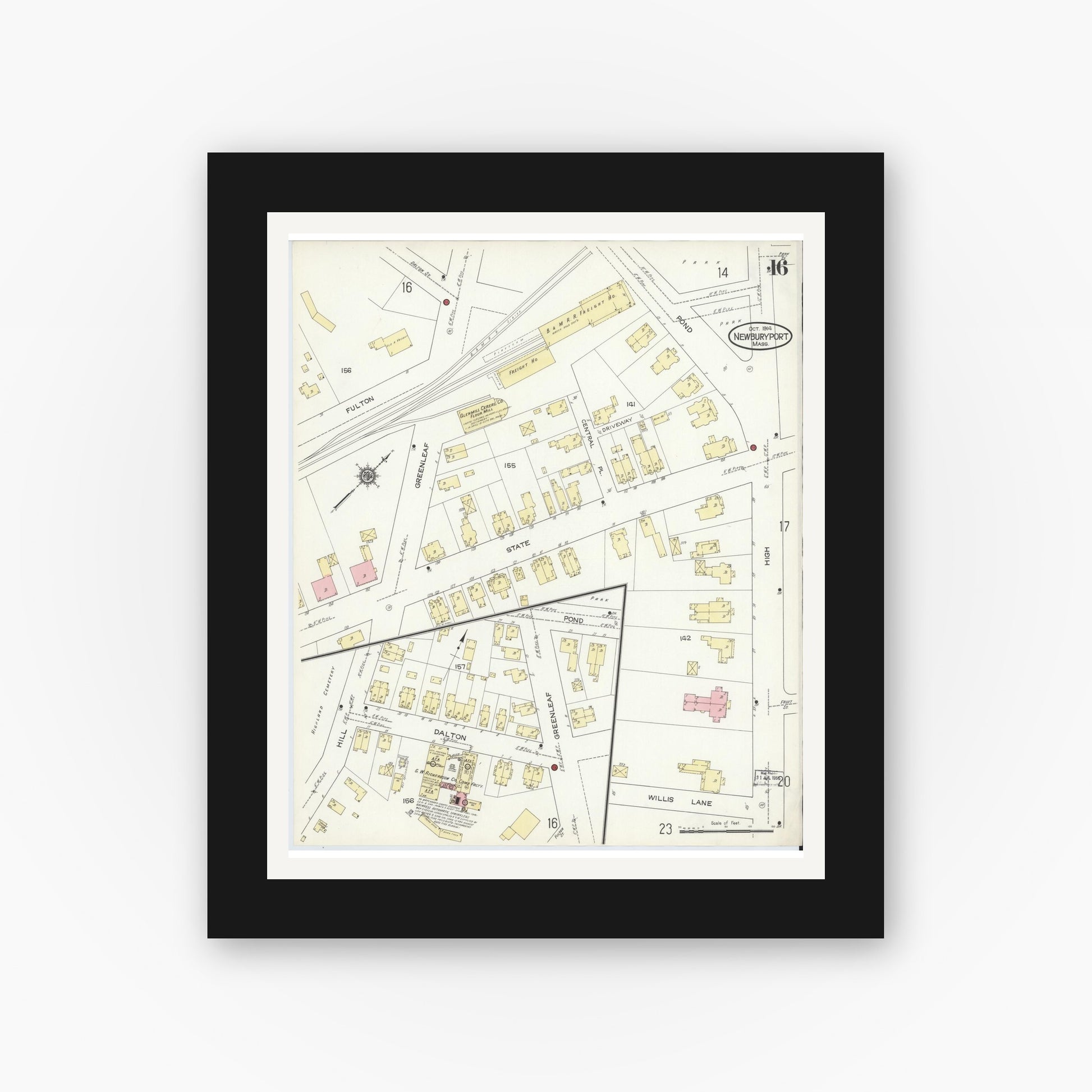Old map wall art mockup — black gallery frame with white mat — Sanborn Fire Insurance Map from Newburyport, Essex County, Massachusetts (1914), Sheet #0016