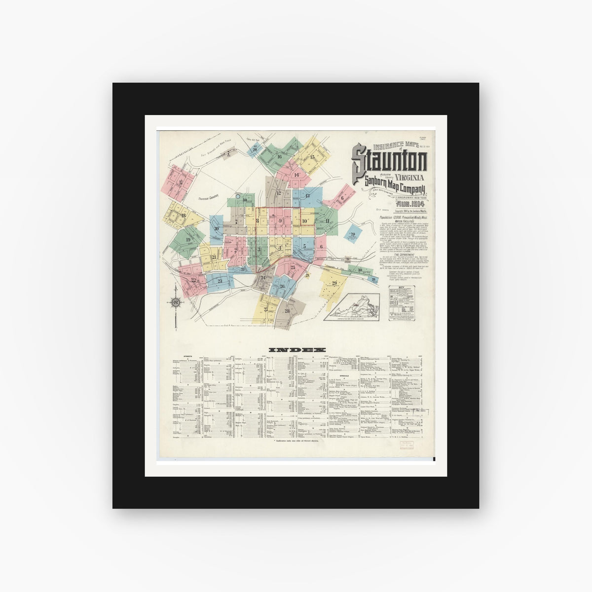 Old map wall art mockup — black gallery frame with white mat — Sanborn Fire Insurance Map from Staunton, Independent Cities, Virginia (1914), Sheet #0001