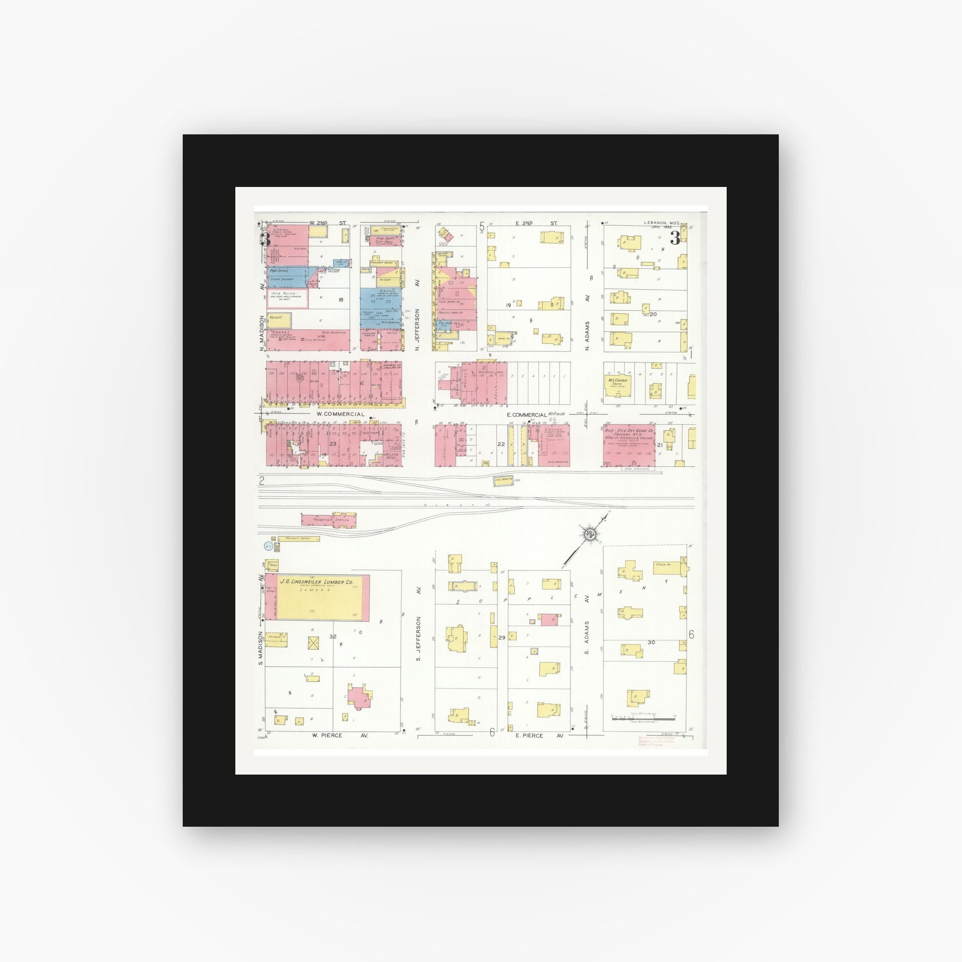 Old map wall art mockup — black gallery frame with white mat — Sanborn Fire Insurance Map from Lebanon, Laclede County, Missouri (1932), Sheet #0003