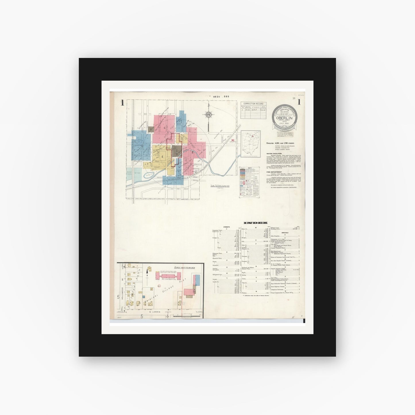 Old map wall art mockup — black gallery frame with white mat — Sanborn Fire Insurance Map from Oberlin, Lorain County, Ohio (1942), Sheet #0001