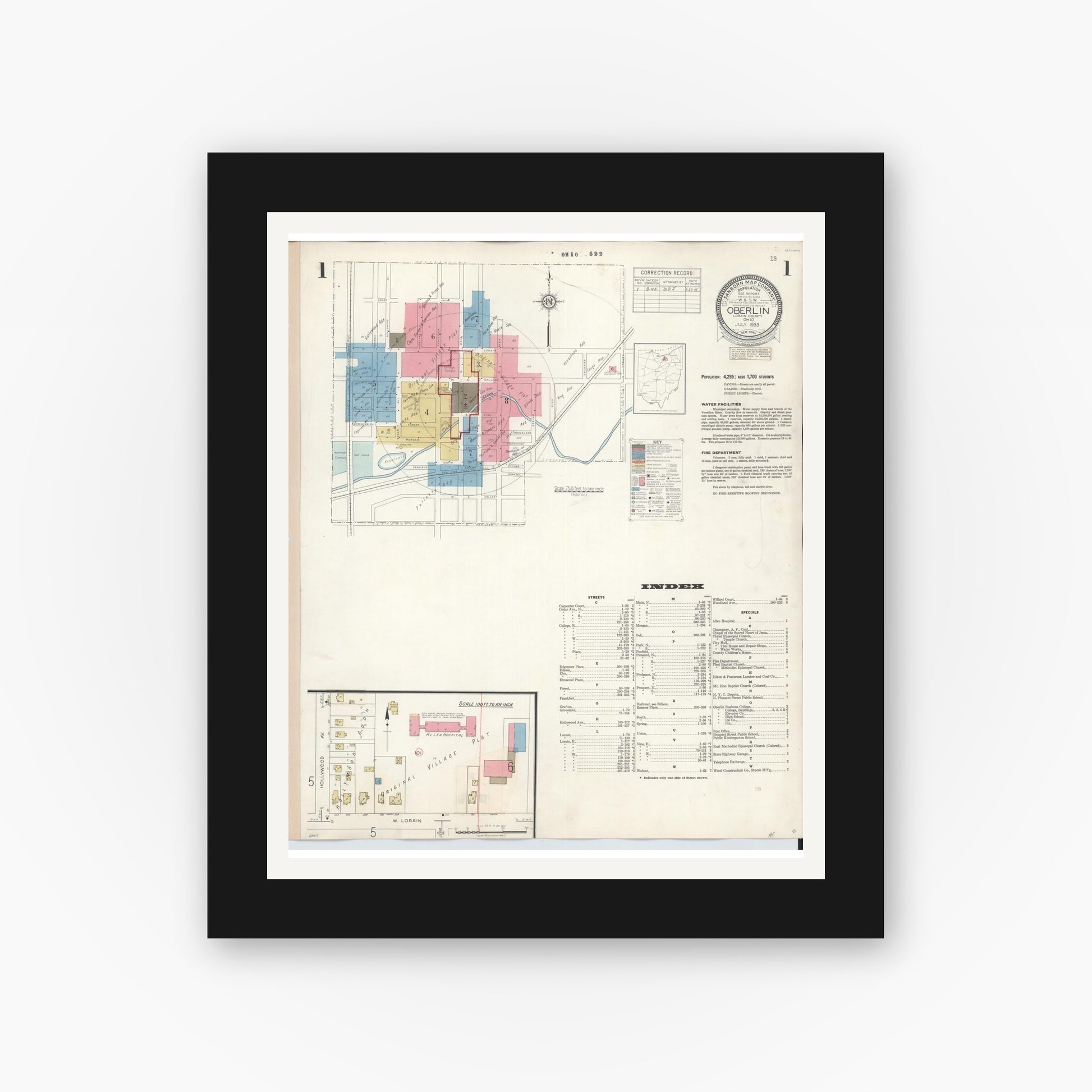 Old map wall art mockup — black gallery frame with white mat — Sanborn Fire Insurance Map from Oberlin, Lorain County, Ohio (1942), Sheet #0001