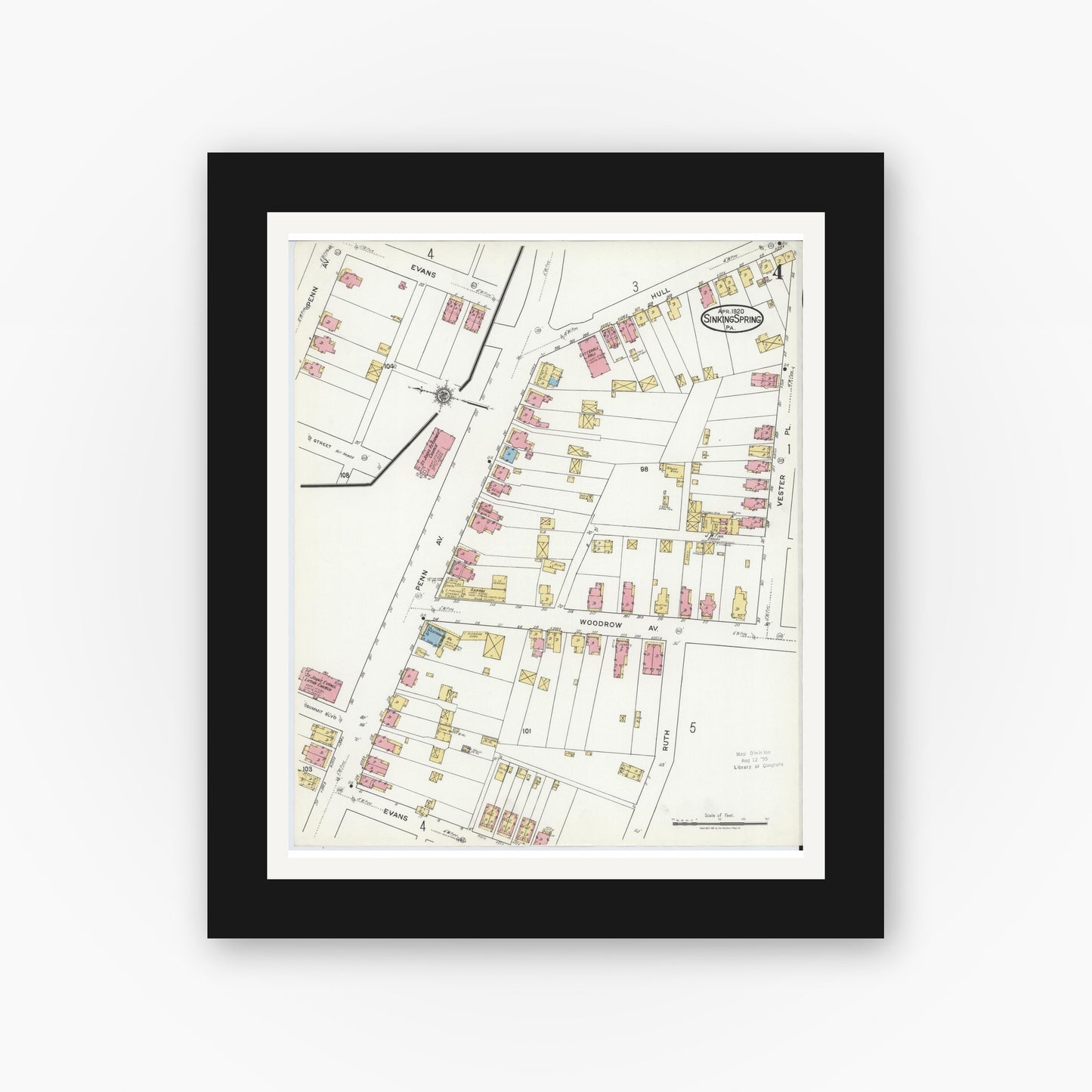 Old map wall art mockup — black gallery frame with white mat — Sanborn Fire Insurance Map from Sinking Spring, Berks County, Pennsylvania (1920), Sheet #0004
