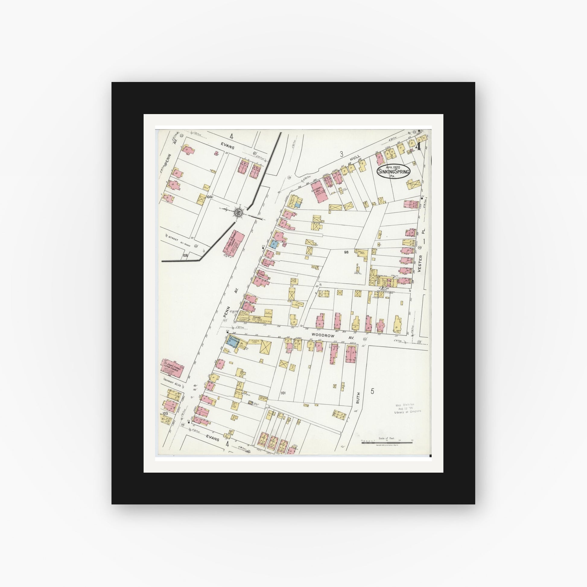 Old map wall art mockup — black gallery frame with white mat — Sanborn Fire Insurance Map from Sinking Spring, Berks County, Pennsylvania (1920), Sheet #0004