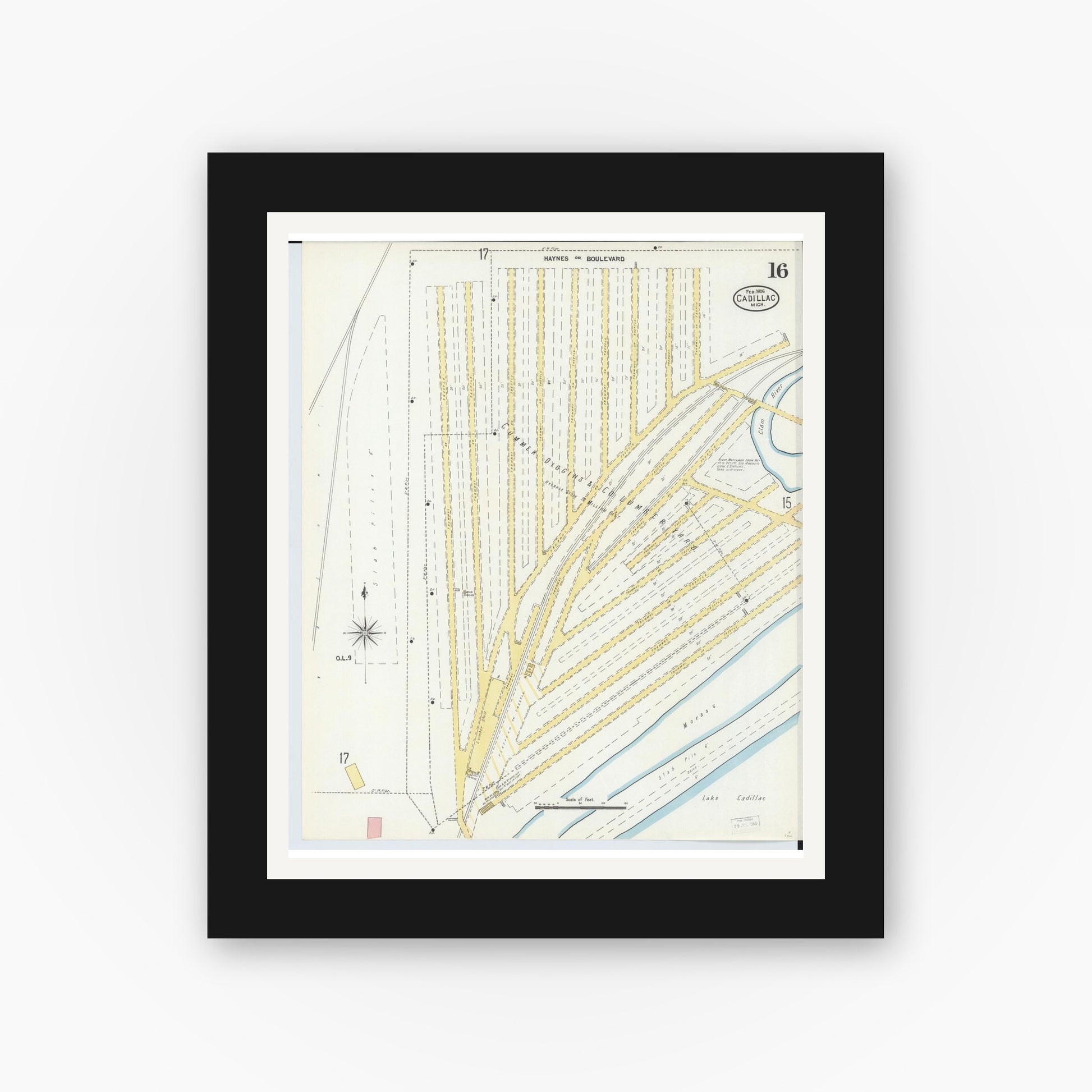 Old map wall art mockup — black gallery frame with white mat — Sanborn Fire Insurance Map from Cadillac, Wexford County, Michigan (1906), Sheet #0016