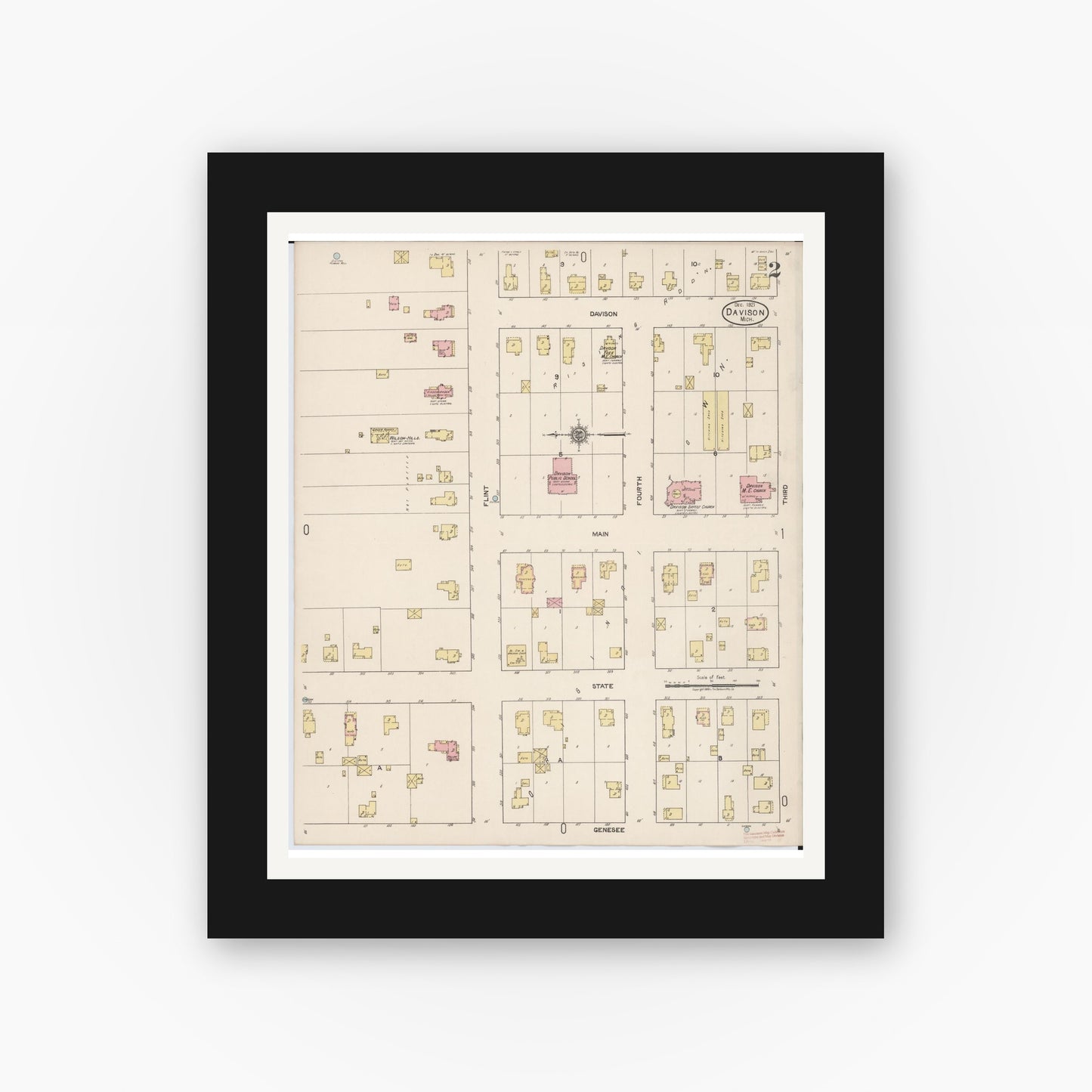 Old map wall art mockup — black gallery frame with white mat — Sanborn Fire Insurance Map from Davison, Genesee County, Michigan (1921), Sheet #0002