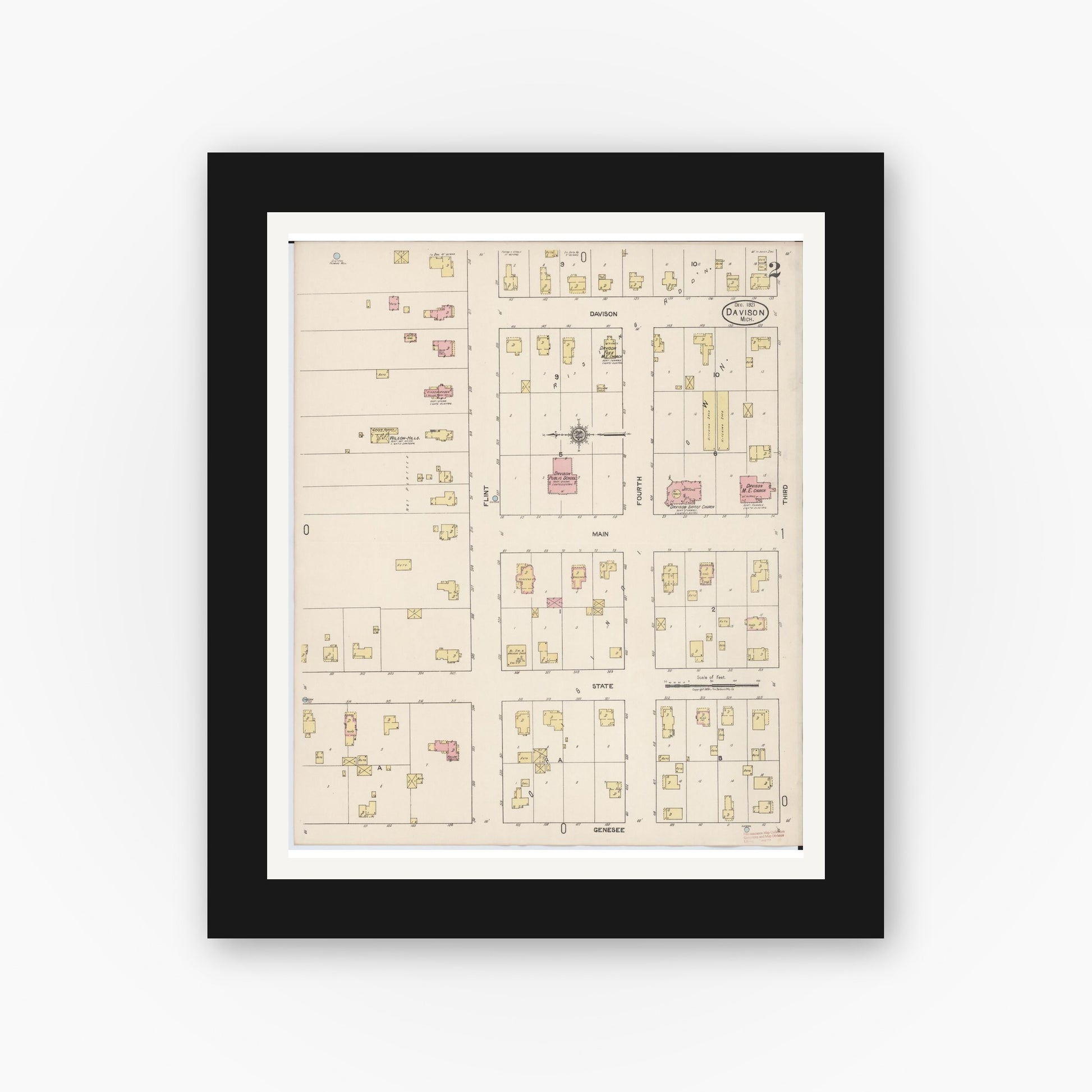 Old map wall art mockup — black gallery frame with white mat — Sanborn Fire Insurance Map from Davison, Genesee County, Michigan (1921), Sheet #0002