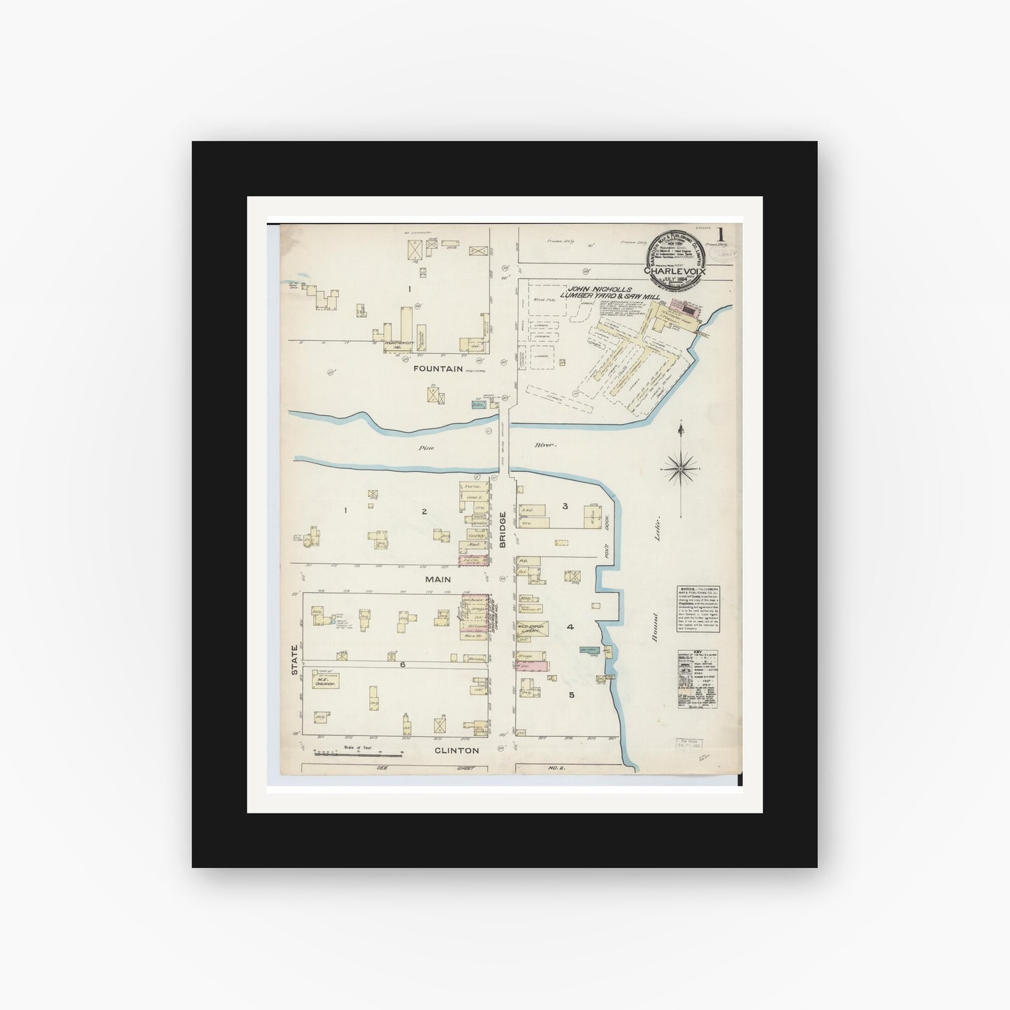 Old map wall art mockup — black gallery frame with white mat — Sanborn Fire Insurance Map from Charlevoix, Charlevoix County, Michigan (1884), Sheet #0001