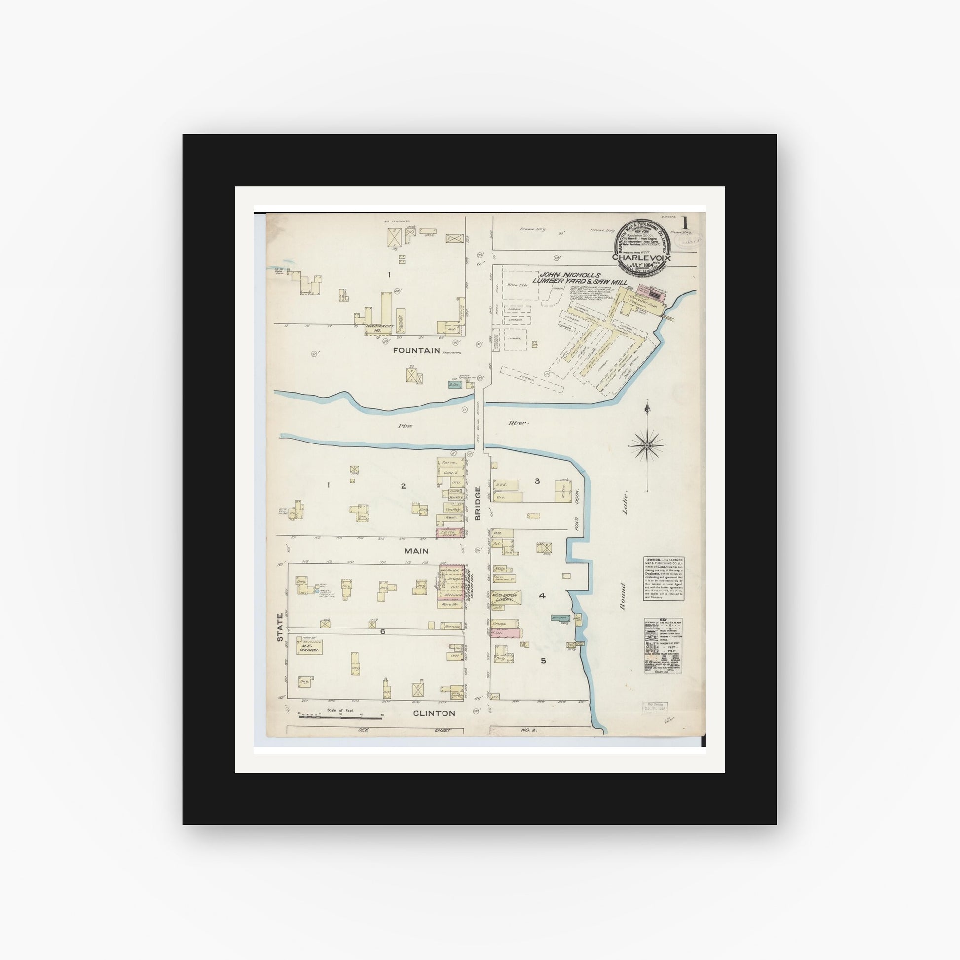 Old map wall art mockup — black gallery frame with white mat — Sanborn Fire Insurance Map from Charlevoix, Charlevoix County, Michigan (1884), Sheet #0001