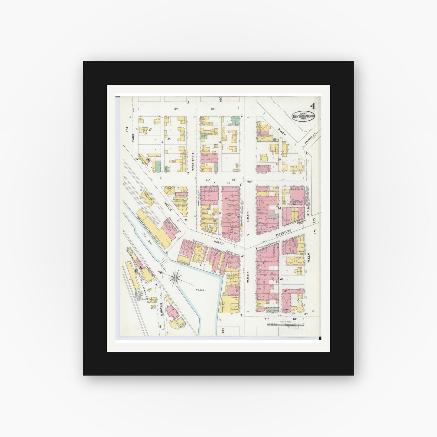 Old map wall art mockup — black gallery frame with white mat — Sanborn Fire Insurance Map from Benton Harbor, Berrien County, Michigan (1900), Sheet #0004
