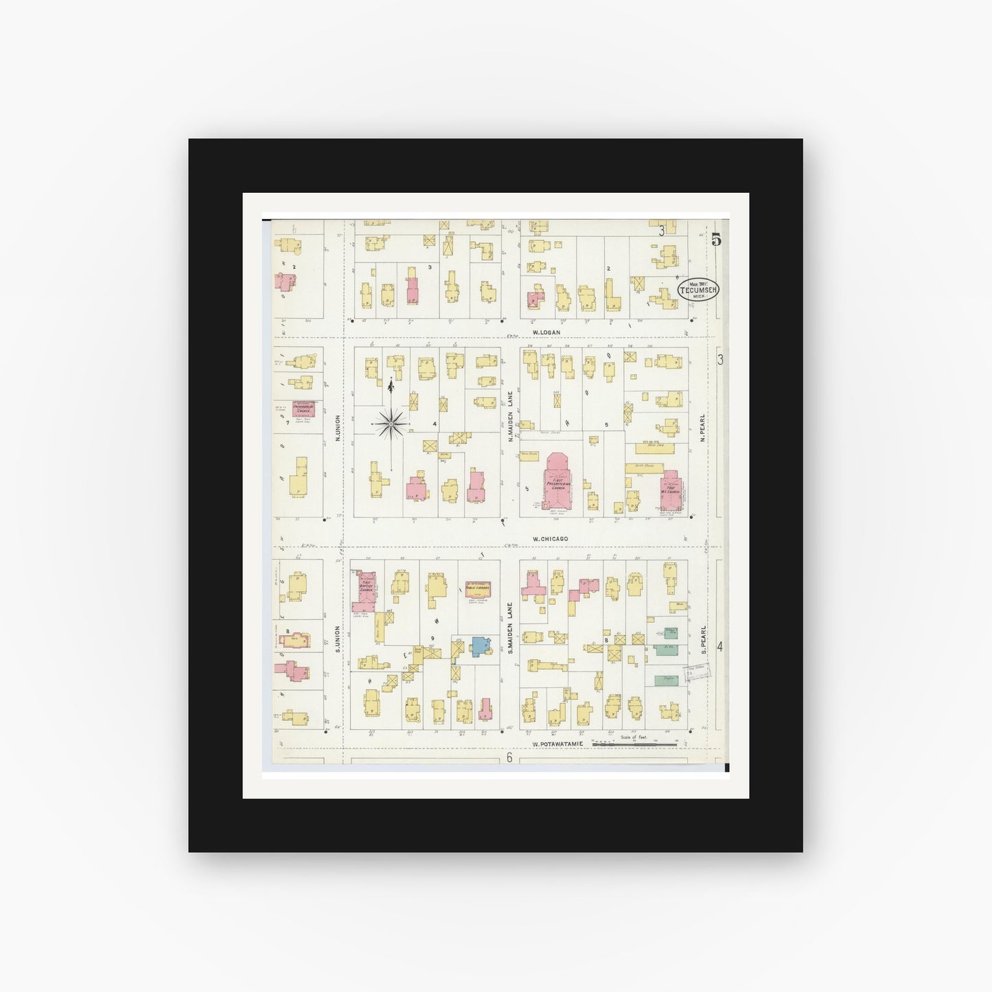 Old map wall art mockup — black gallery frame with white mat — Sanborn Fire Insurance Map from Tecumseh, Lenawee County, Michigan (1907), Sheet #0005