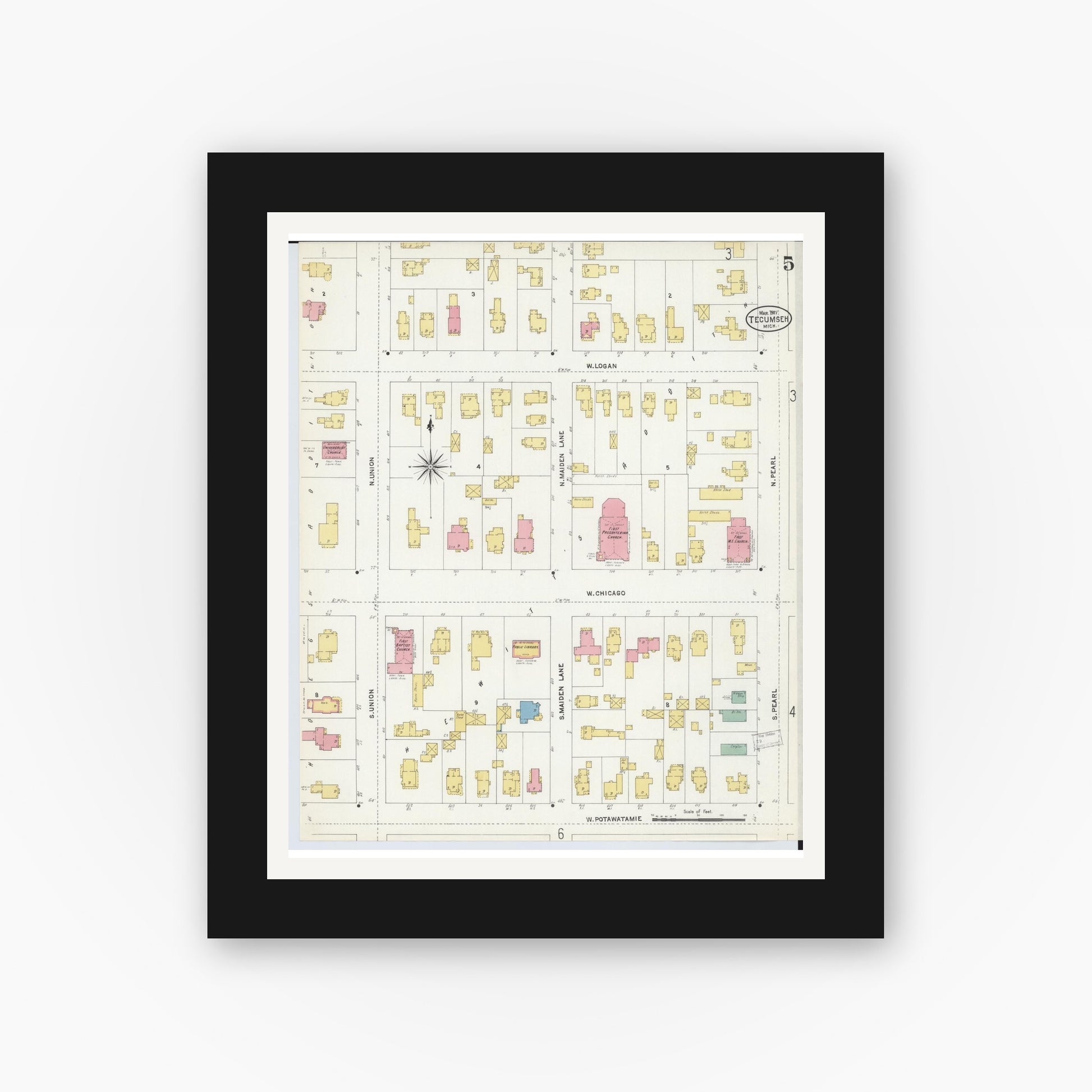 Old map wall art mockup — black gallery frame with white mat — Sanborn Fire Insurance Map from Tecumseh, Lenawee County, Michigan (1907), Sheet #0005