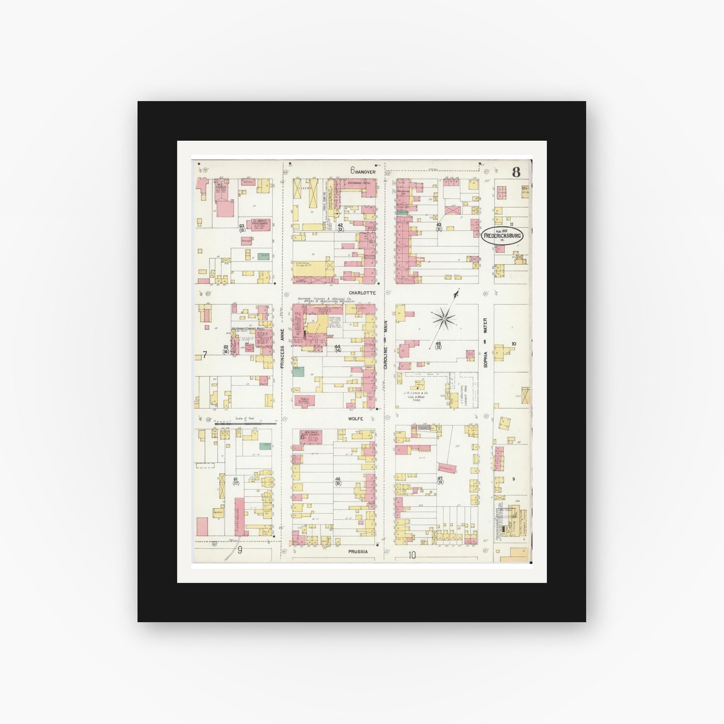 Old map wall art mockup — black gallery frame with white mat — Sanborn Fire Insurance Map from Fredericksburg, Independent Cities, Virginia (1902), Sheet #0008