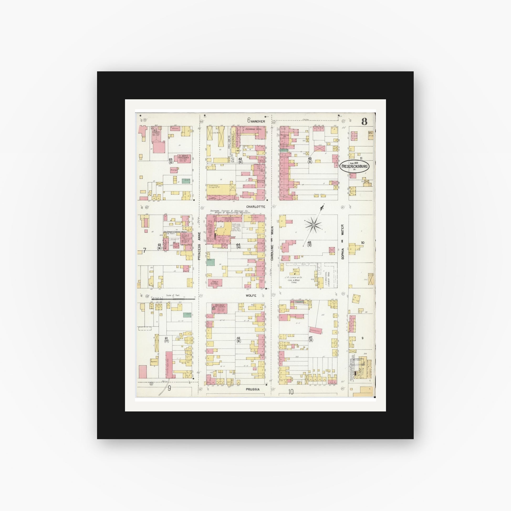 Old map wall art mockup — black gallery frame with white mat — Sanborn Fire Insurance Map from Fredericksburg, Independent Cities, Virginia (1902), Sheet #0008