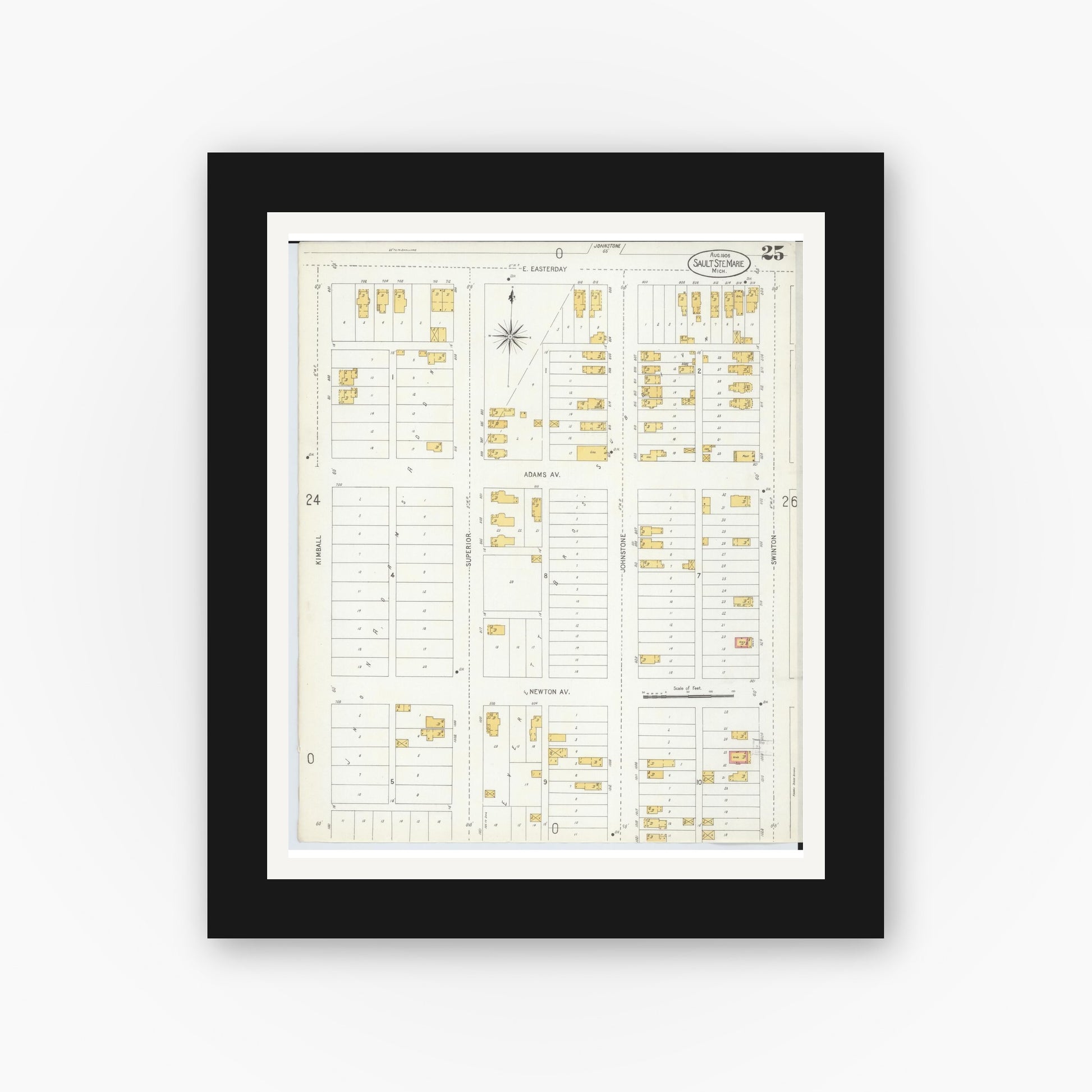 Old map wall art mockup — black gallery frame with white mat — Sanborn Fire Insurance Map from Sault Sainte Marie, Chippewa County, Michigan (1906), Sheet #0025