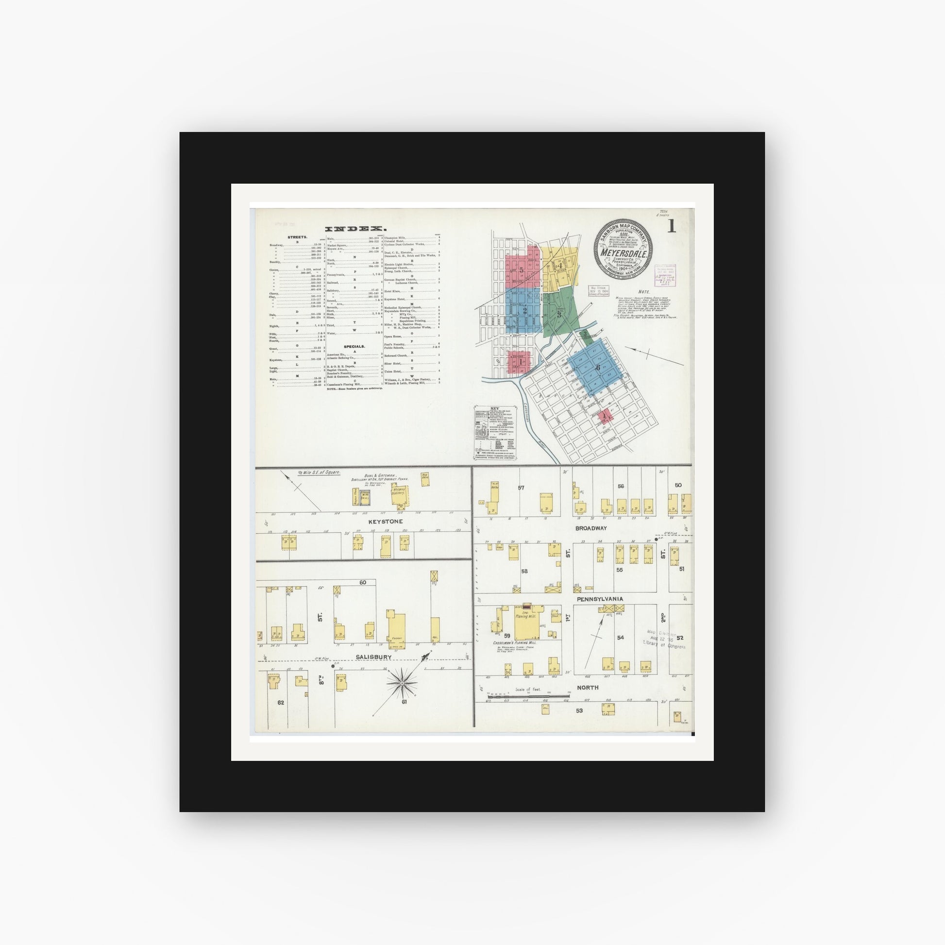 Old map wall art mockup — black gallery frame with white mat — Sanborn Fire Insurance Map from Meyersdale, Somerset County, Pennsylvania (1904) - Complete Map Set