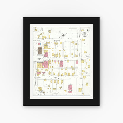 Old map wall art mockup — black gallery frame with white mat — Sanborn Fire Insurance Map from Woodsfield, Monroe County, Ohio (1923), Sheet #0002