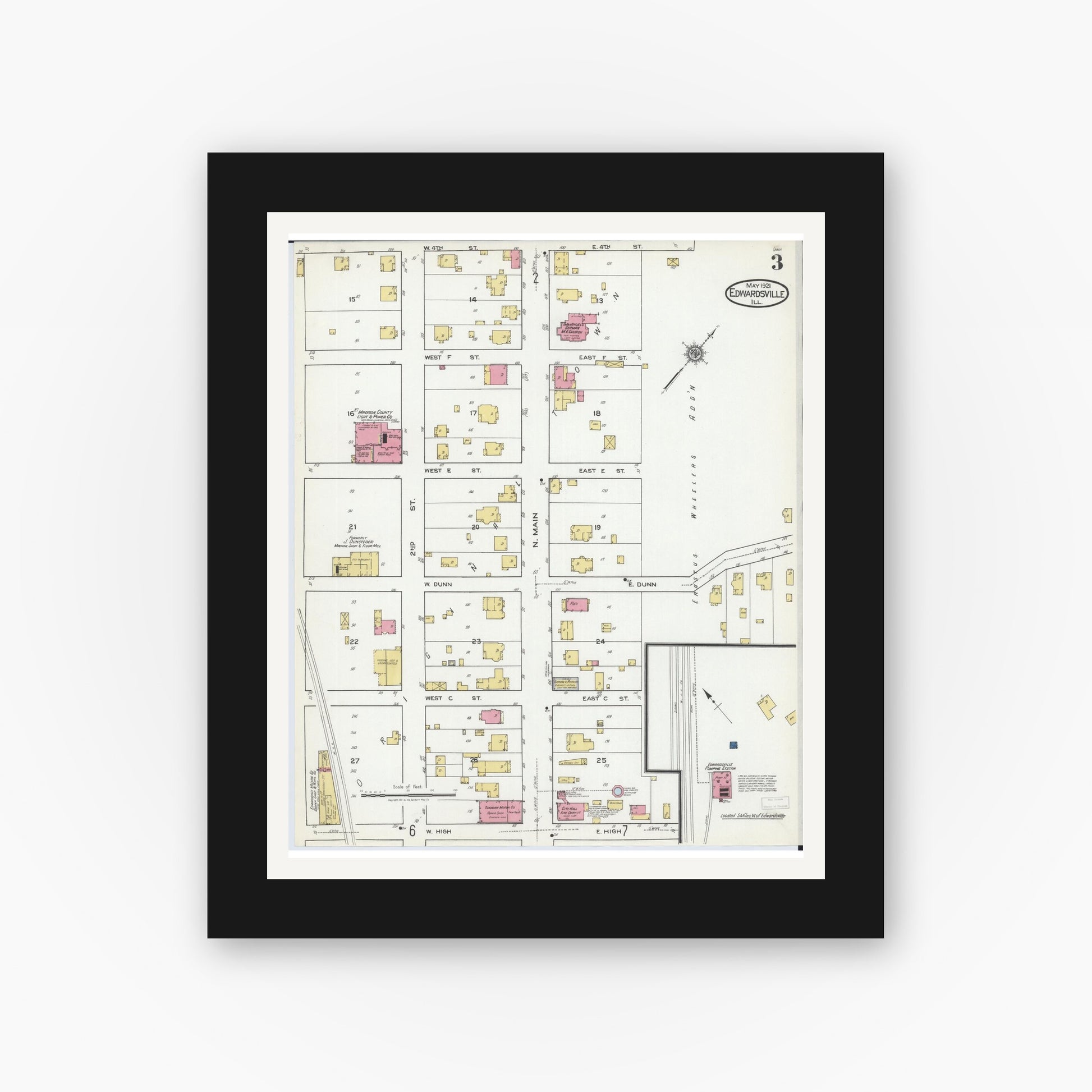 Old map wall art mockup — black gallery frame with white mat — Sanborn Fire Insurance Map from Edwardsville, Madison County, Illinois (1921), Sheet #0003